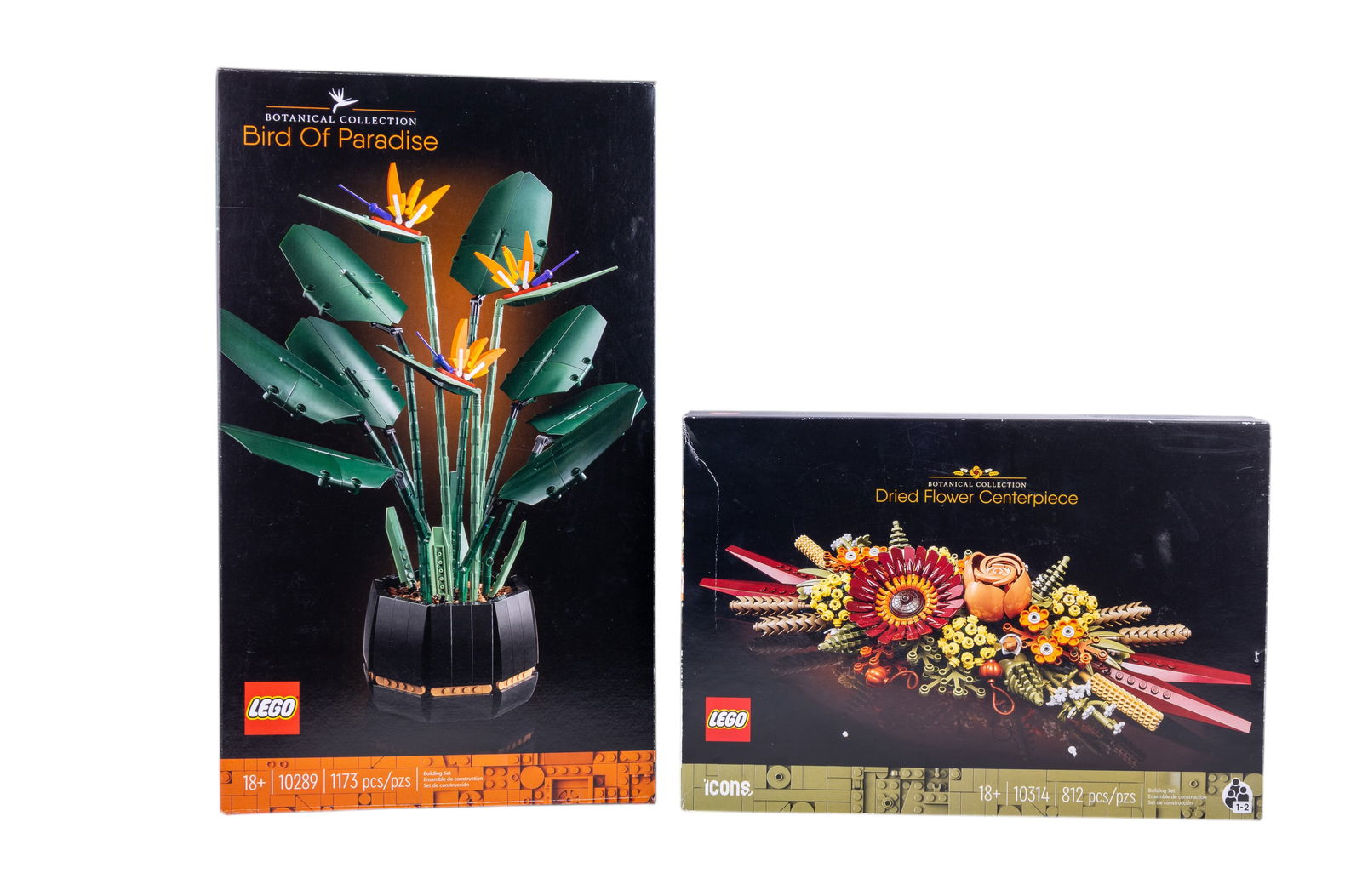 Two LEGO Botanical Collection Sets: Two LEGO Botanical Collection sets, including 10313 Bird of Paradise (1,173 pieces) and 10314 Dried Flower Centerpiece (812 pieces). Both sets are in opened boxes, and the contents cannot be verified.