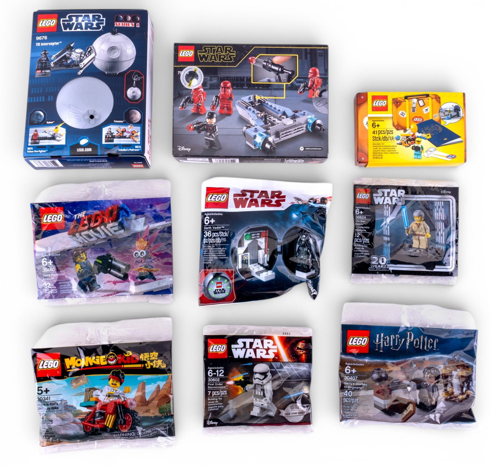 9 Sealed LEGO Sets: 9 sealed LEGO sets, including licensed themes such as LEGO Star Wars (with a TIE Interceptor microfighter and additional polybags), LEGO Harry Potter (Hogwarts Express micro set), and other themed set