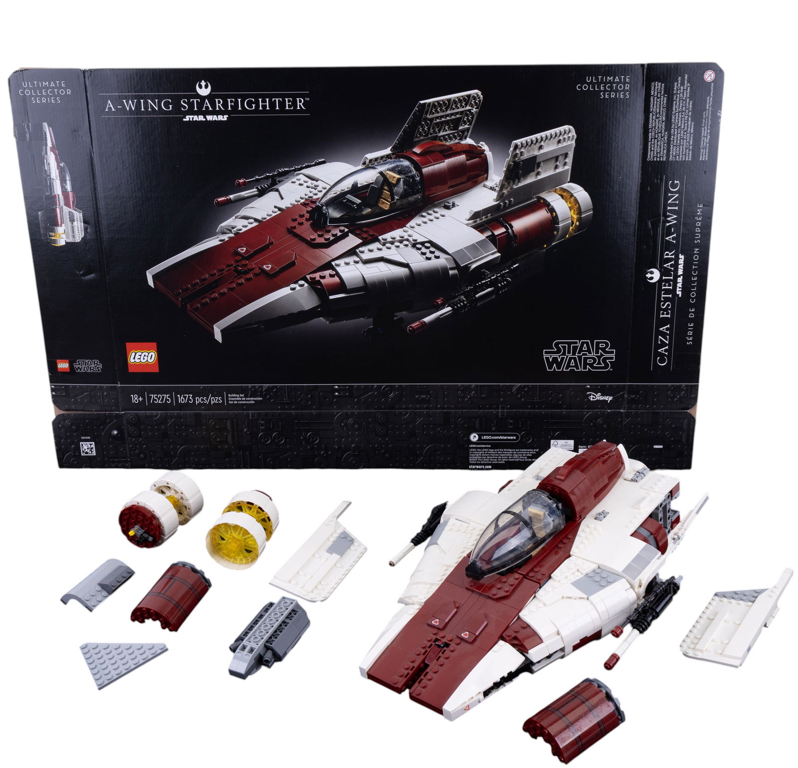 LEGO A-Wing Starfighter Set with Box: LEGO A-Wing Starfighter set, box number 75275. Set appears to be incomplete, with loose pieces and build partially assembled as shown. Original box included. Not all pieces guaranteed to be present. S