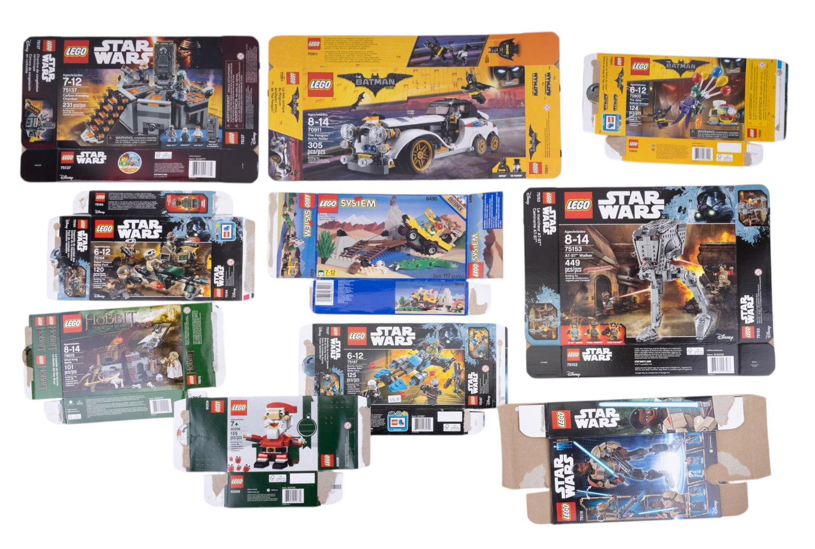 10 Empty LEGO Set Boxes: 10 empty LEGO set boxes. Includes boxes from themes such as Star Wars, The Hobbit, LEGO Batman Movie, and seasonal sets. Varied sizes and conditions, flat and unassembled. No LEGO pieces, instructions