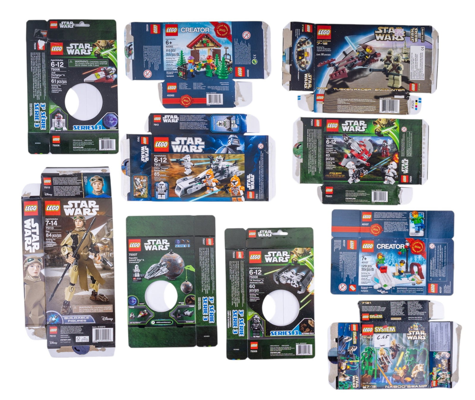 10 Lego Star Wars and Creator Boxes: 10 flat, empty Lego brand boxes primarily from Star Wars and Creator series. Includes sets 75007, 75001, 75006, 75113, 7913, 40082, and others. Boxes are flattened and contents are not included.