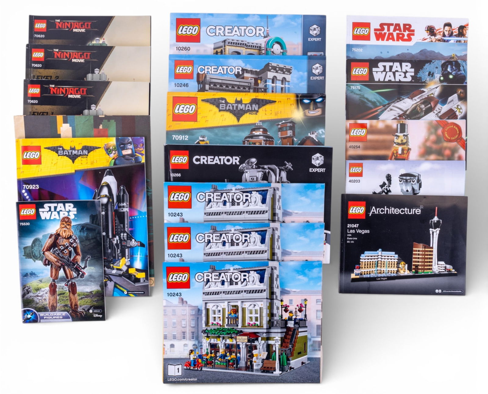 LEGO Instruction Booklets: LEGO instruction booklets featuring various themes, including Star Wars, Indiana Jones, BrickHeadz, Creator, Lord of the Rings, and Pirates of the Caribbean. Includes individual booklet numbers for so