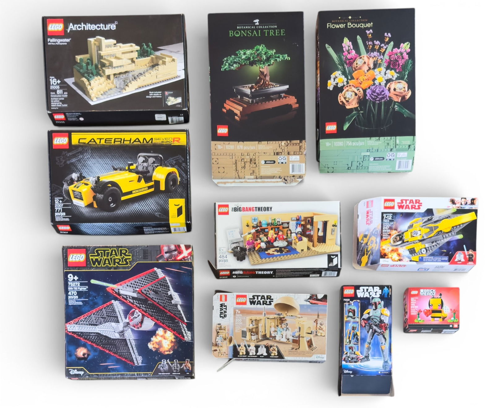 Empty LEGO Boxes with Instructions: Empty LEGO set boxes, some containing instruction booklets. Included sets are from various themes such as the Botanical Collection, Architecture, Creator, and Star Wars. Item numbers visible include