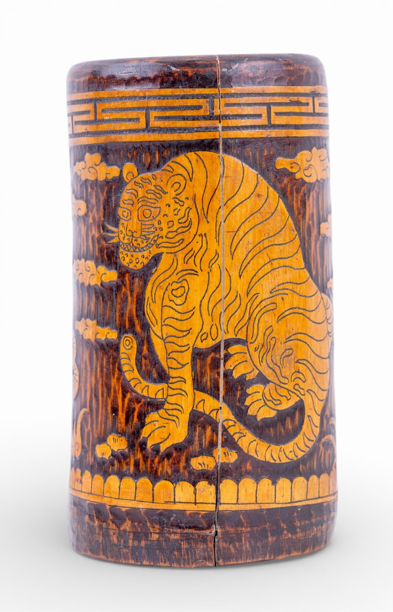 Rare 19th C Korean Carved Bamboo Brush Pot: An antique 19th C Korean carved and lacquered bamboo brush pot with tiger drawing and floral motif. Measures approx. 5.5" H x 3" diam.