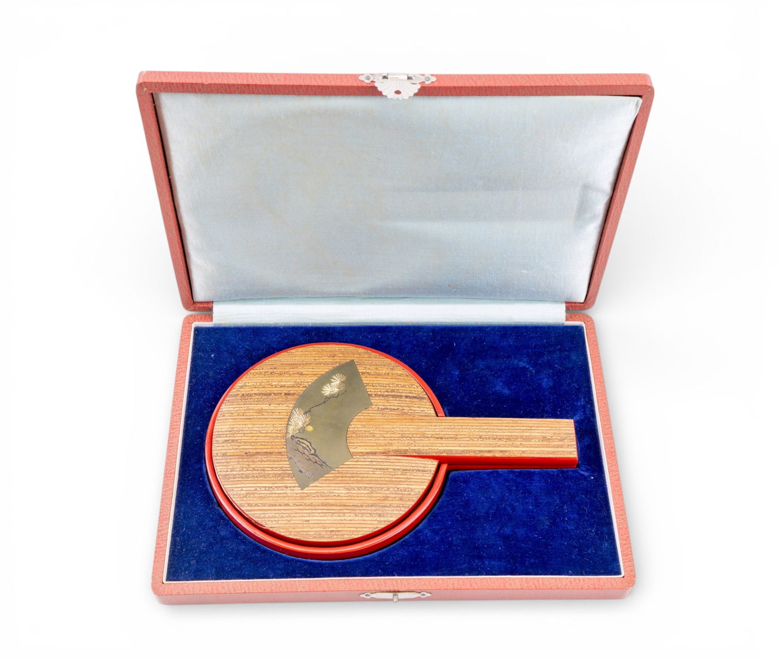 Vintage Japanese Lacquer Nesting Hand Mirror Set: A vintage Japanese lacquer nesting hand mirror set featuring floral incised metal fan accents, includes custom box.