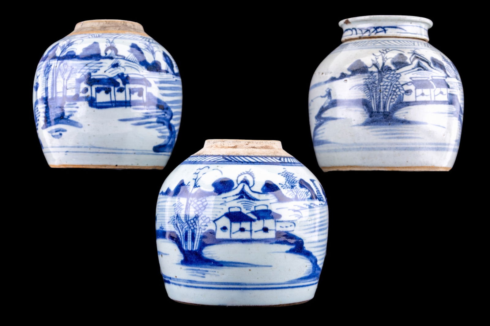 Early Chinese Blue & White Ginger Jars (3): Three Chinese blue & white ginger jars, two without lids. One ginger jar has a crack down side, possible repair. Ginger jar measures approx. 7" high (with lid).