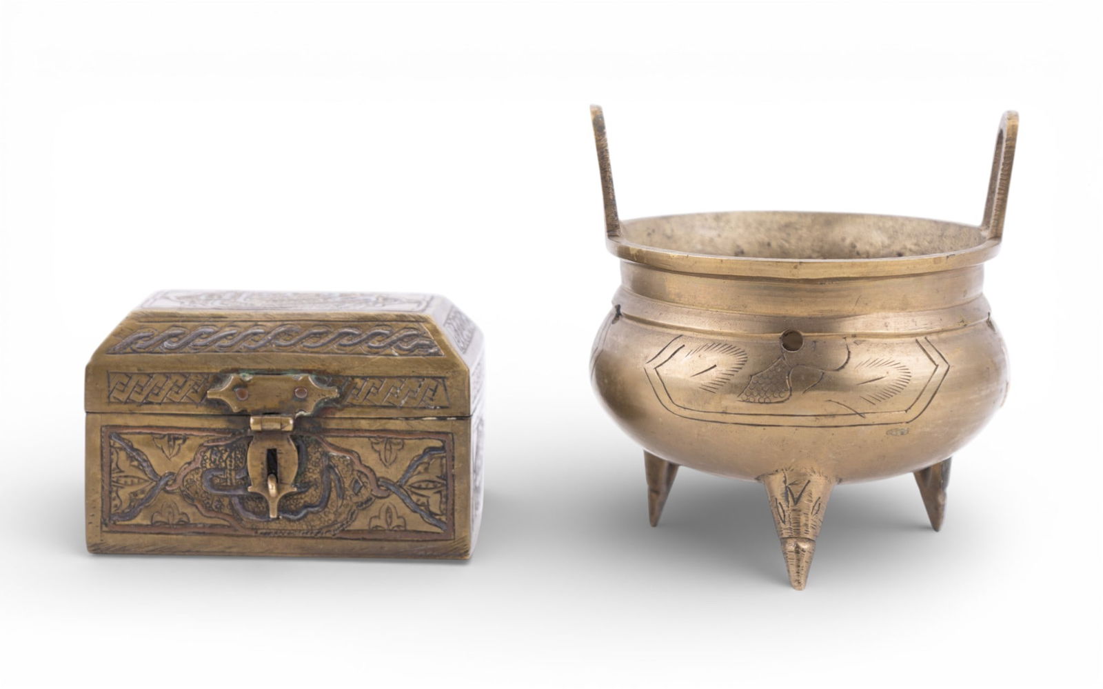 Vintage Chinese Censer & 19th C Islamic Mamluk Box: A vintage brass footed Chinese censer with floral etching and handles, approx. 3.5" W x 3.75" H, and a 19th C etched brass Islamic Mamluk box featuring wood lining, approx. 3.25" W x 2" D x 2" H.