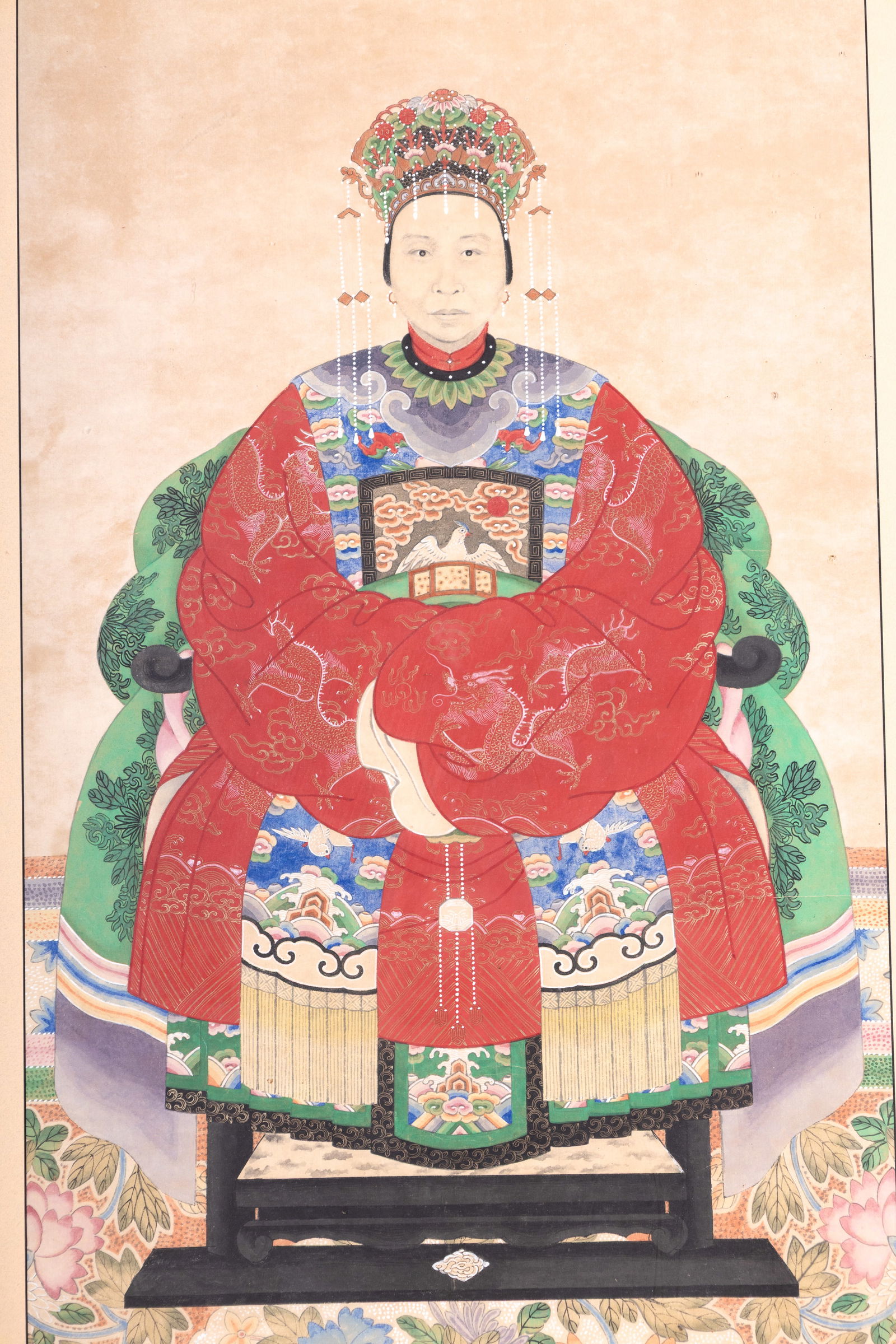 Chinese Ancestor / Empress Portrait: Framed Chinese ancestor portrait print depicting a seated noblewoman in elaborate ceremonial attire with ornate headdress and embroidered robes. Loss to the frame glass at lower right corner, needs