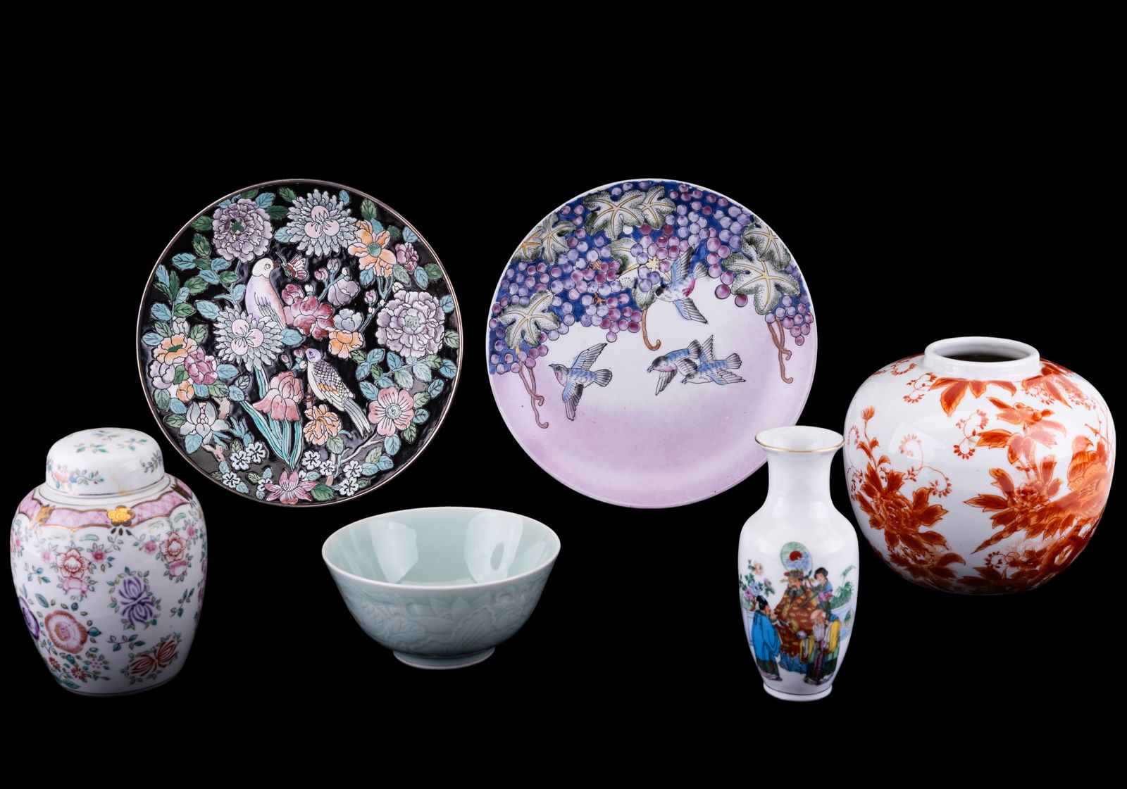 Andrea Sadek and Other Asian Style Decor: Two Andrea Sadek 10" diam plates featuring bird and floral motifs, a Chinese celadon bowl featuring koi and lotus design with four-character mark on the bottom, an LJ Japan porcelain hand painted