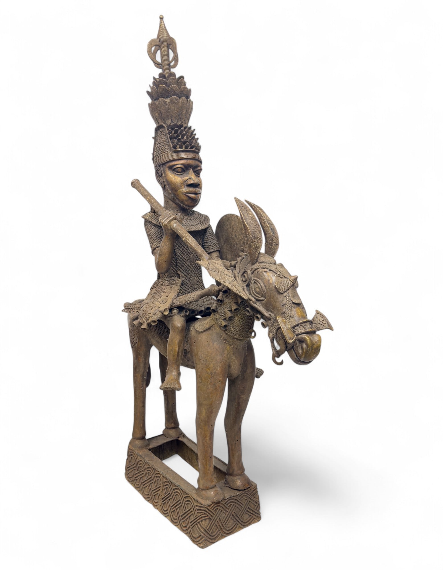Benin Bronze Warrior Rider on Horse > 5' H: A Benin Equestrian sculpture, made of bronze, depicting an Oba (King) or warrior, likely made using Dhokra, the lost wax casting technique. Made to commemorate important figures and events. Measures a