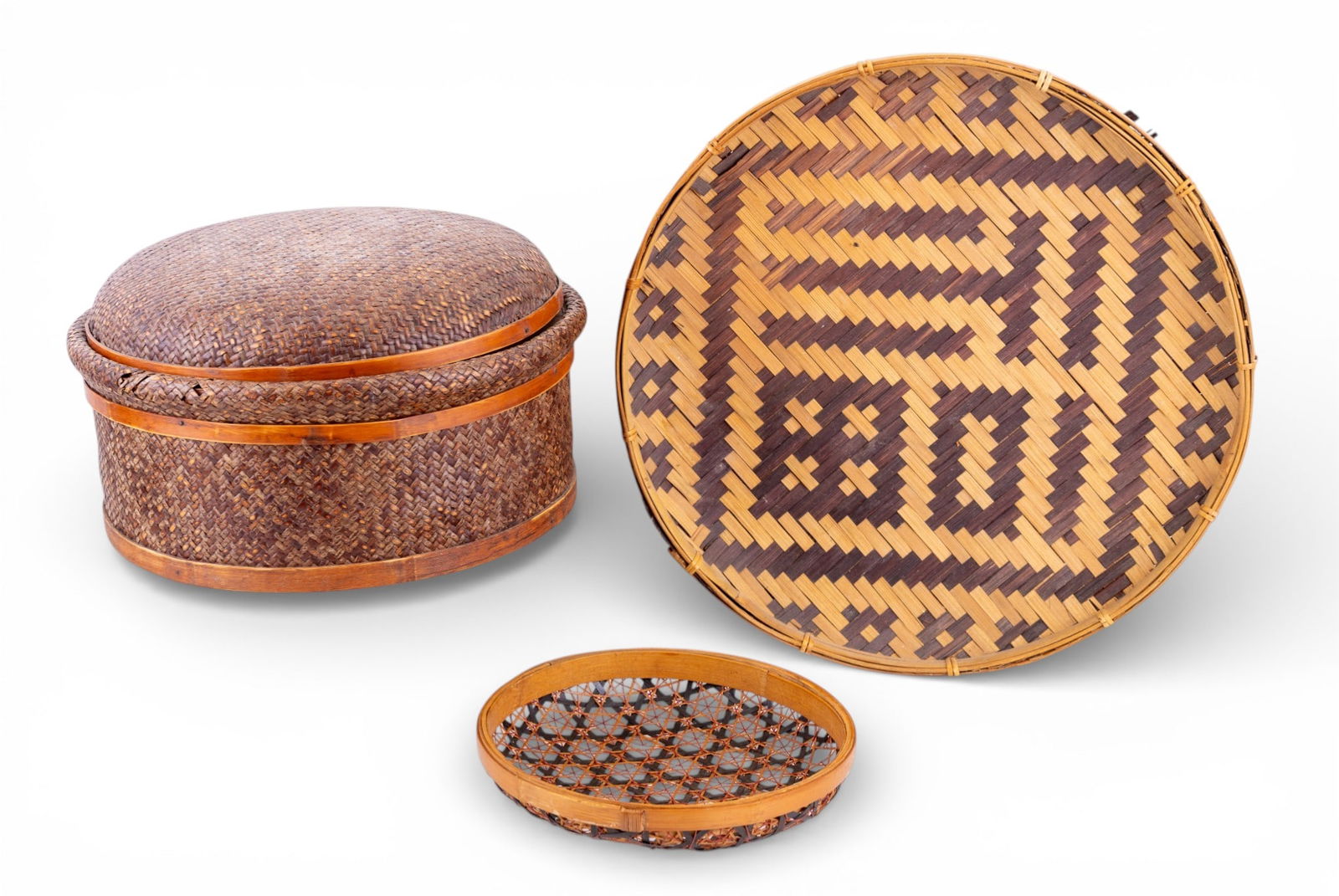 Hand Woven Bamboo Boho and Chinese Wedding Baskets: Two hand woven bamboo and rattan Boho baskets, measuring 8.25" diam and 15.5" diam, and the top chamber of a Chinese wedding basket, measuring approx. 12" diam x 6.5" H.