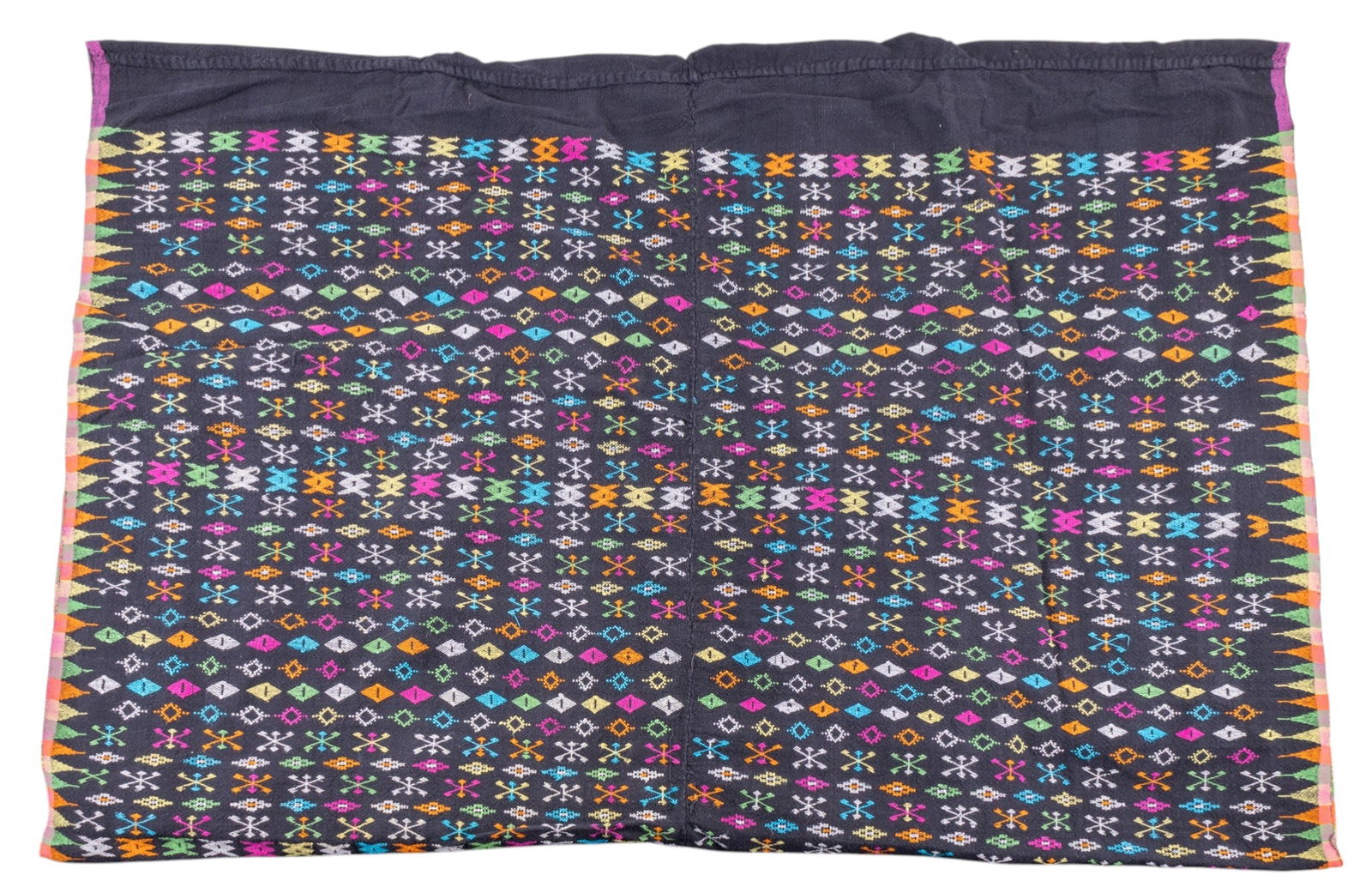 Hand Woven Indonesian Sarong: A hand woven Indonesian sarong featuring brightly colored stitching on a black field, measures approx. 50" W x 35" H.