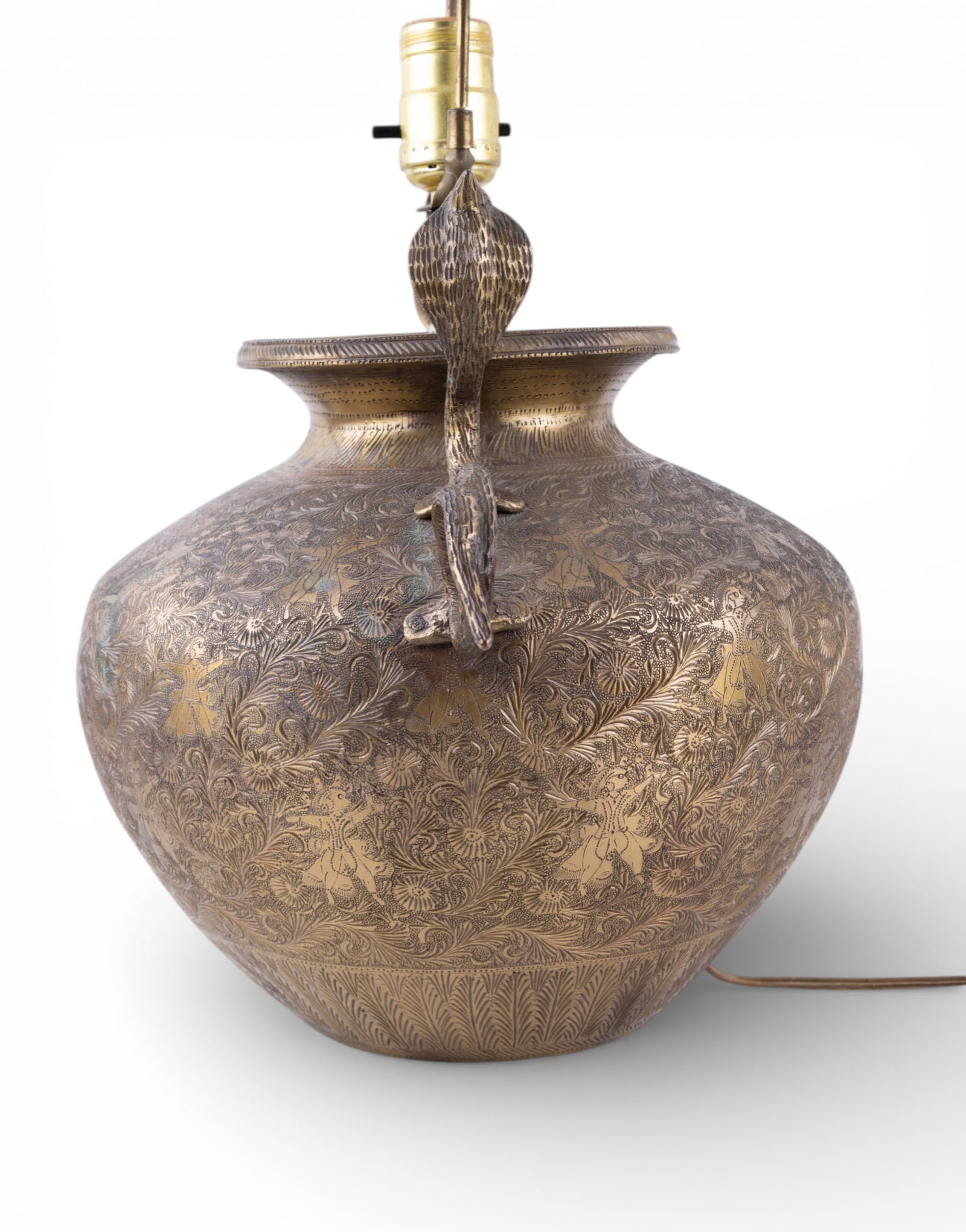 Embossed Brass Lamp Conversion with Handles - 4