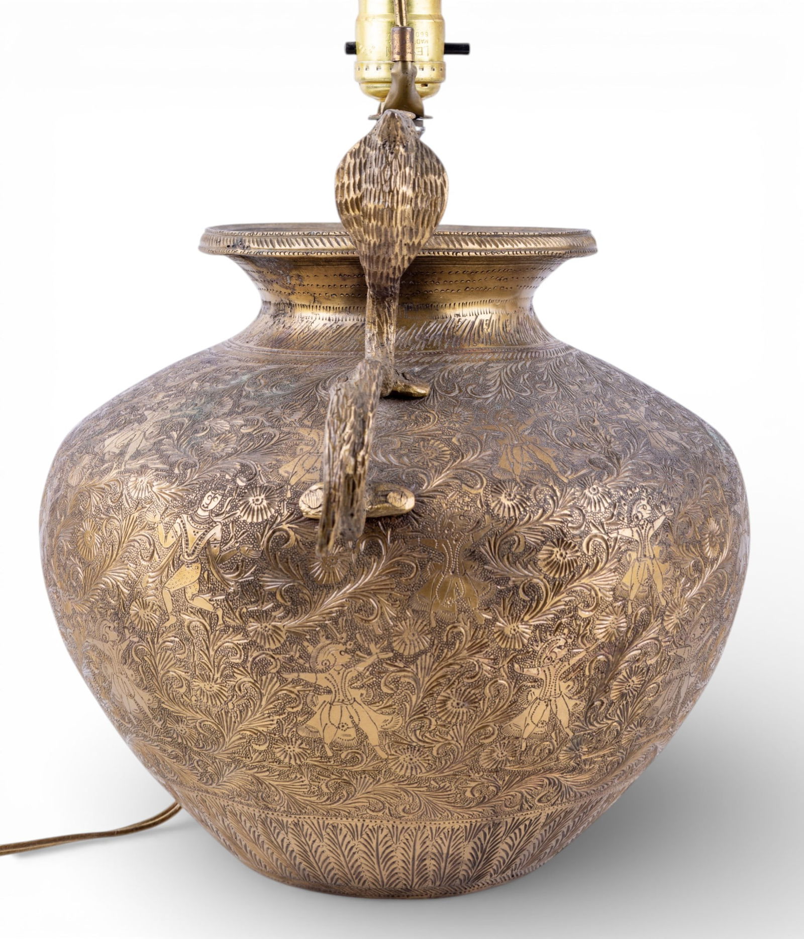 Embossed Brass Lamp Conversion with Handles - 6