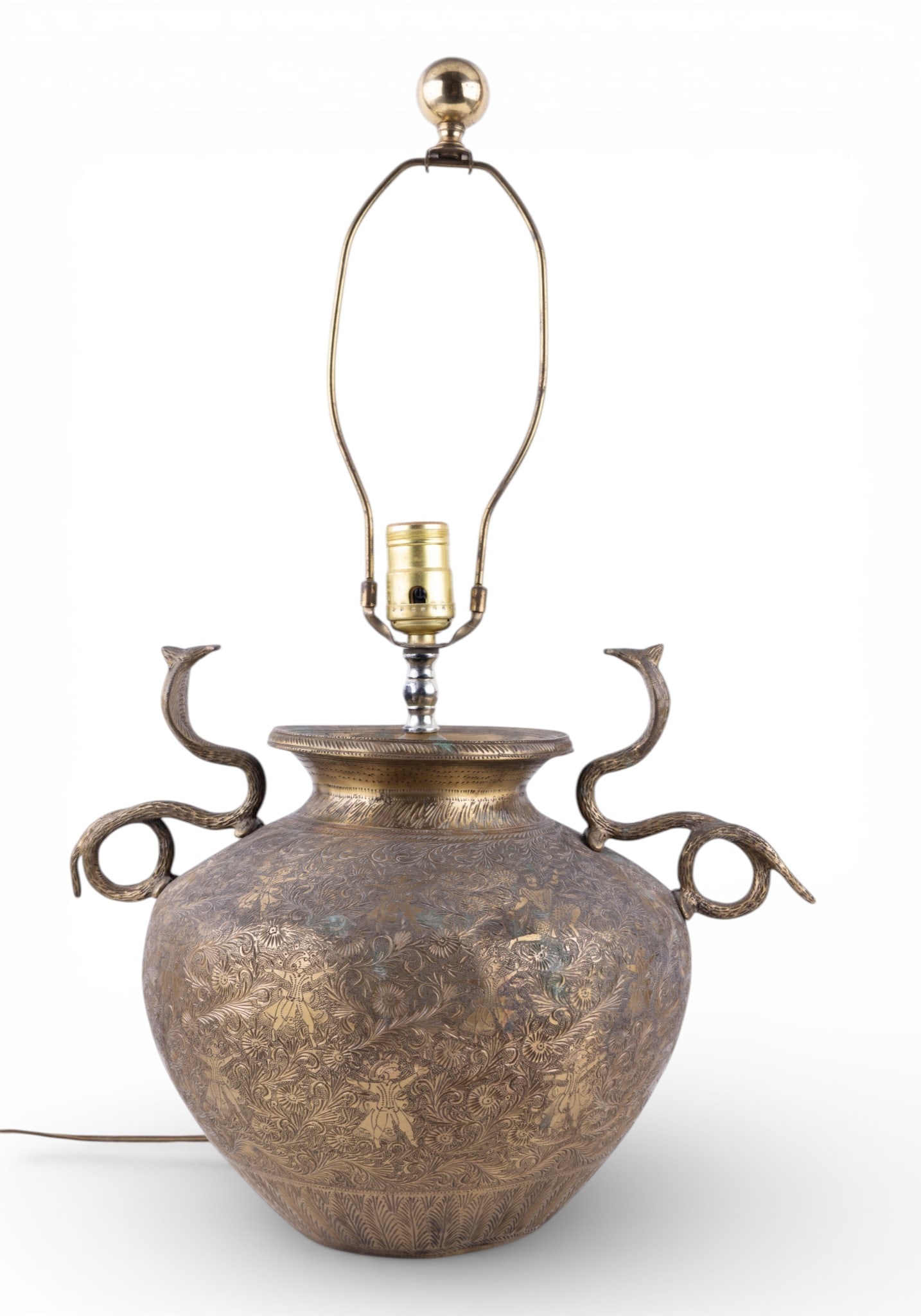 Embossed Brass Lamp Conversion with Handles - 7