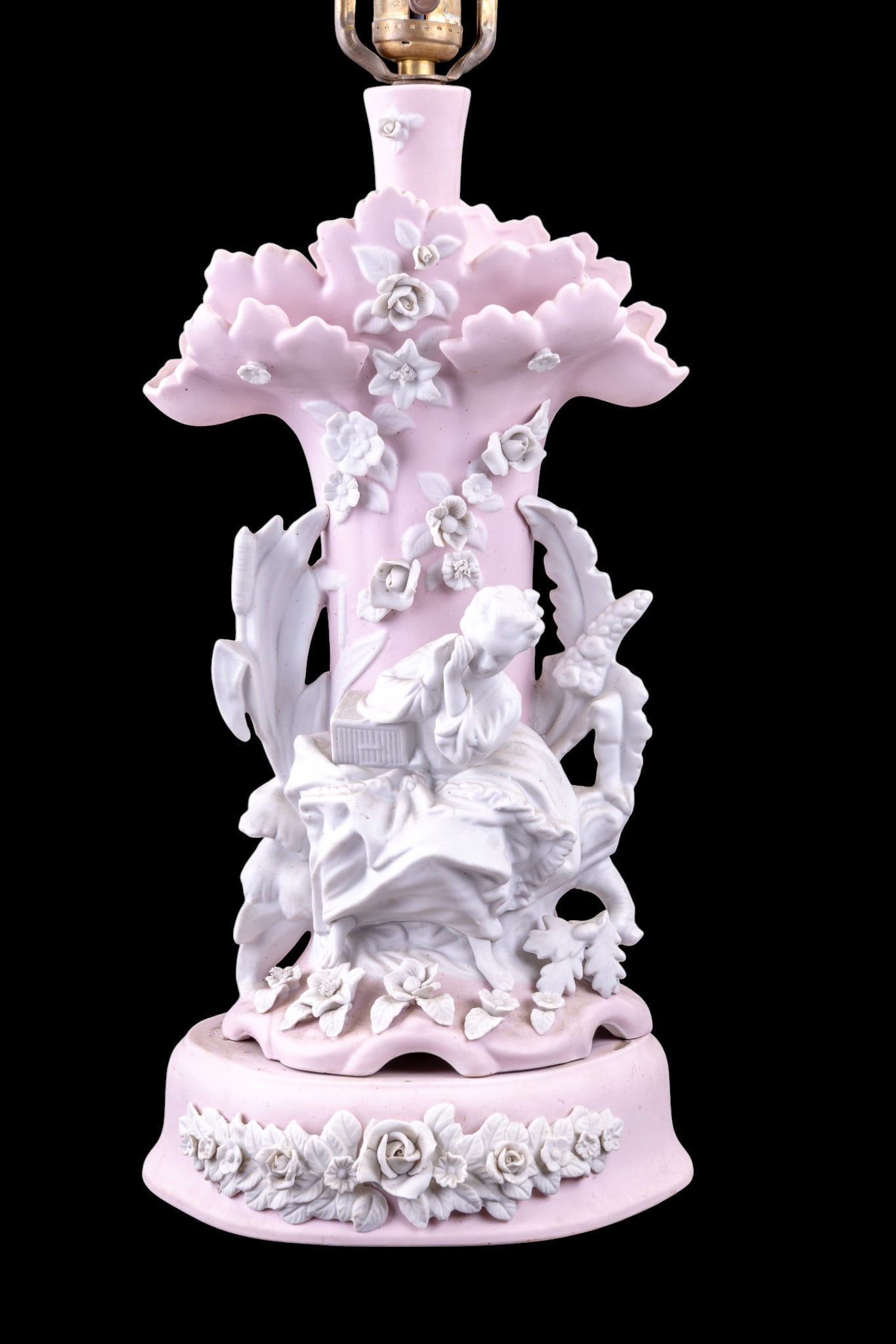 Paul & Virginia Pink Figural Lamp, Vintage: A fine pink and white mid century bisque porcelain table lamp with white figural flowers and woman sitting on a bench by Paul & Virginia, untested, measures approx. 8" W x 8" D x 19" H to the socket.