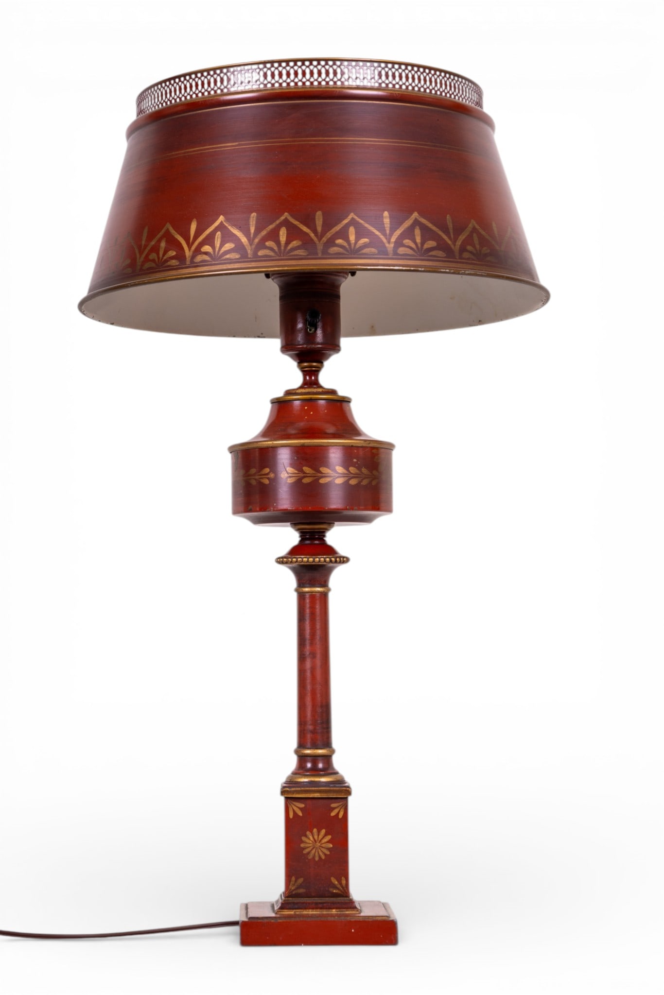 Vintage Tole Painted Lamp: A vintage brick red and gold painted tole table lamp with milk glass hurricane shade, untested, measures approx. 26" H.