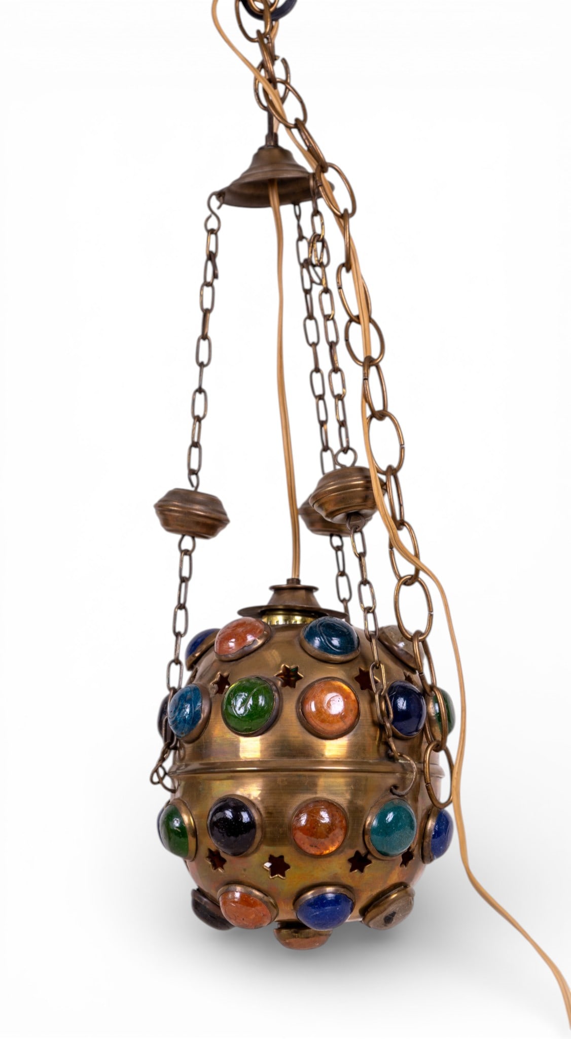 Early Ottoman Jeweled Pendant Lantern: An early brass Ottoman jeweled pendant lantern, wired for electric, featuring blown glass jewels and pierced stars in the body. untested. Body measures approx. 7" W x 8" H, overall measures approx.