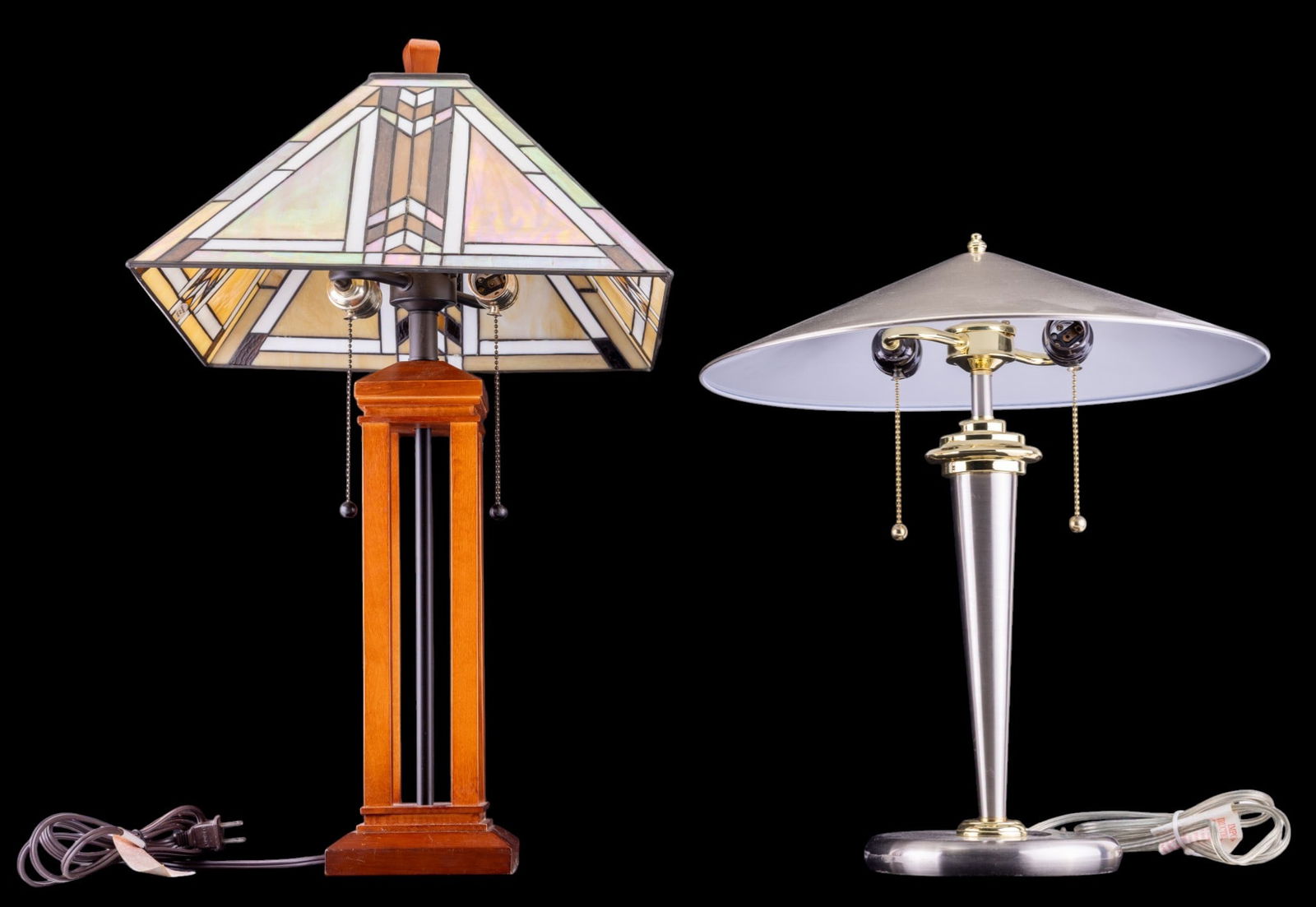 Contemporary Table Lamps, One With Leaded Glass Sh: Two contemporary table lamps. The first lamp features a leaded glass shade with geometric patterns in brown, white, and yellow tones, paired with a wooden base with an openwork design. The second