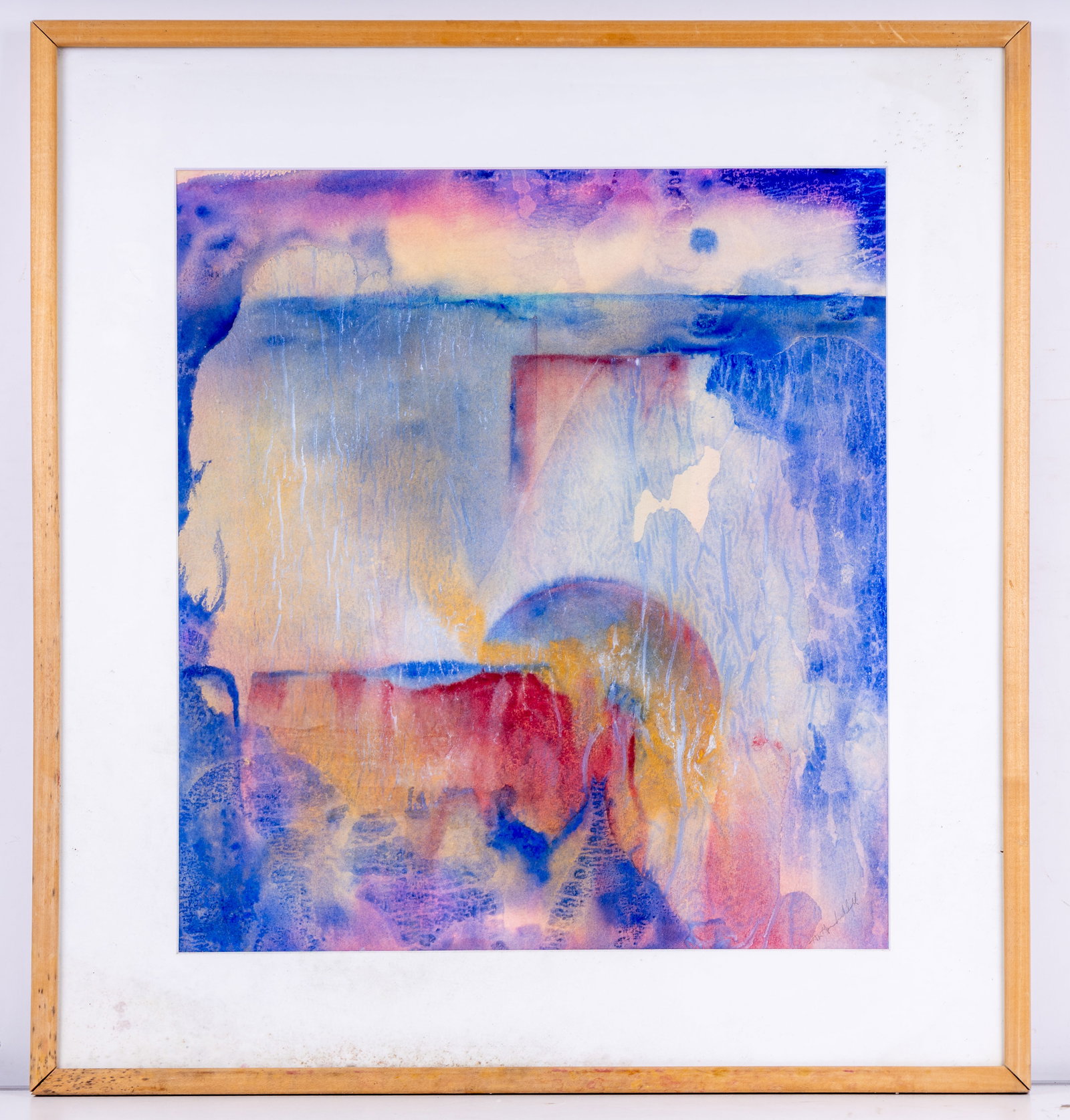 Abstract Expressionist Watercolor Painting, Signed: A framed and matted abstract expressionist watercolor painting featuring distorted shapes and balancing warm and cool tones. Signed illegibly in the lower right corner. Measures approx. 28" W x 30" H.