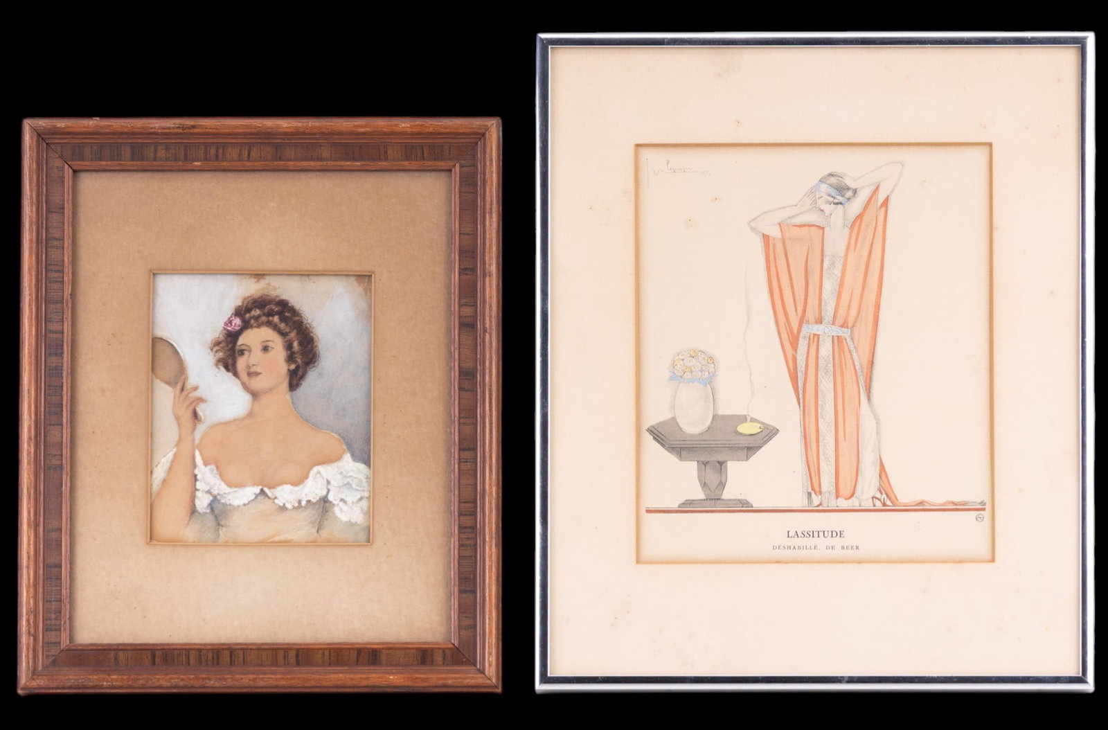 Art Deco Pochoir Print, Watercolor: Lot of 2 framed works on paper. The first is an Art Deco pochoir fashion print titled "Lassitude" depicting a stylized female figure in flowering robes beside a table with flowers. The second is a wat