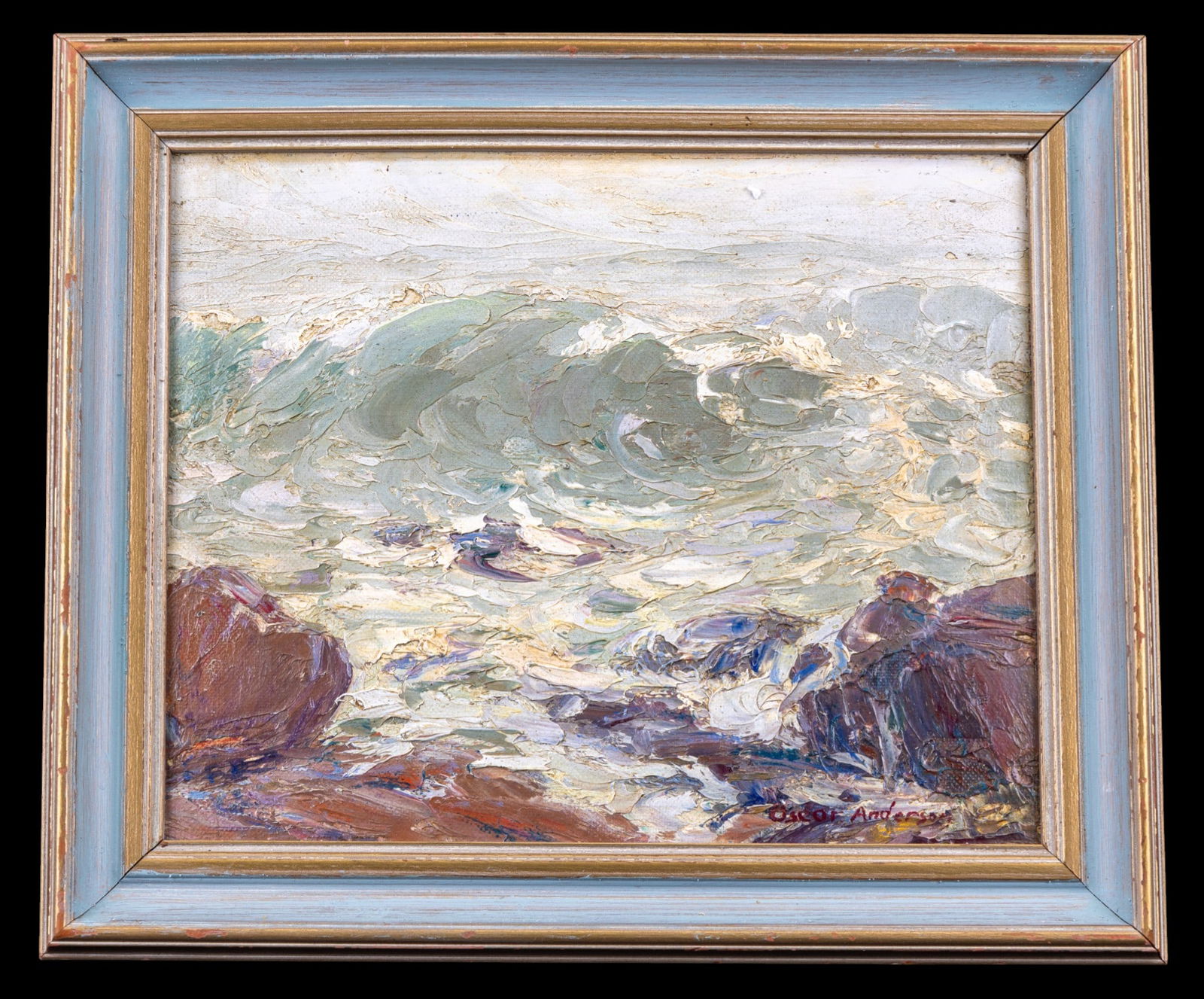 Oscar Anderson (Am. 1873-1953) Oil On Board: A framed oil on board depicting an impressionist seashore scene signed in the lower right corner Oscar Anderson (American 1873-1953). Outside dimensions measure approx. 11.75" H x 14" W.