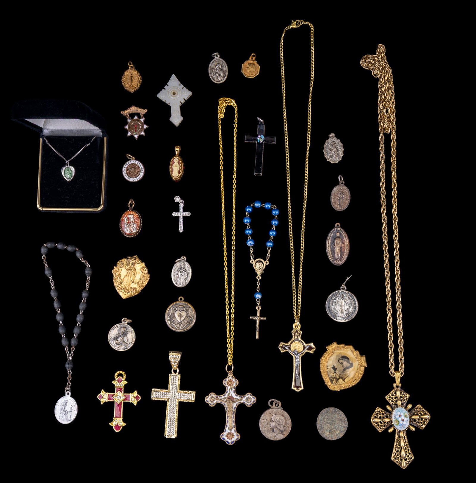 Religious Prayer Medallions, Cross Pendants: A collection of religious prayer medallions, Cross pendants, Rosary bracelets, and a sterling silver and guilloche enamel heart shaped pendant.