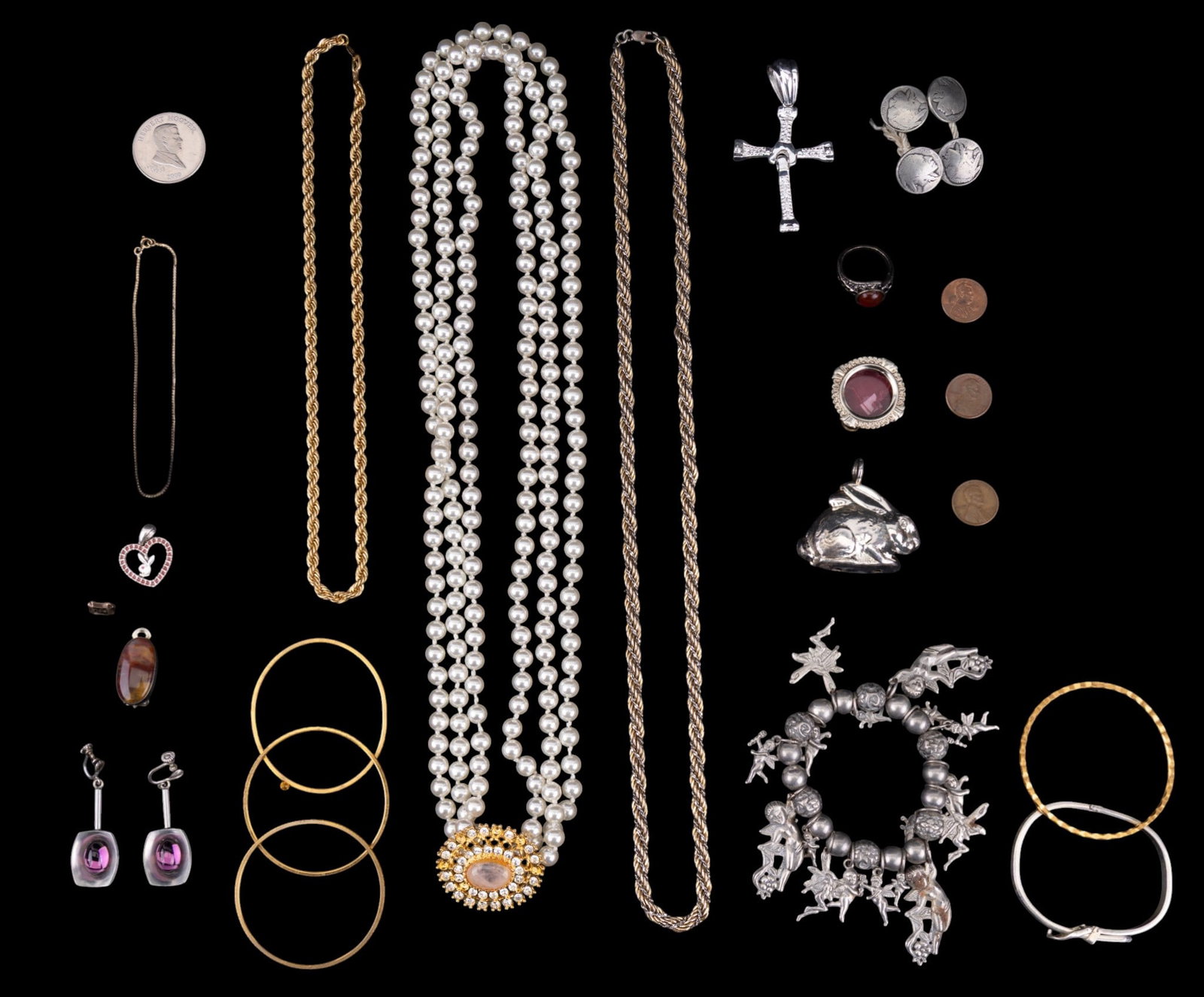 Georgen Jensen Earring and Vintage Jewelry: Include a pair of Georgen Jensen pewter earrings with purple stone, an assortment of bangles, pearl necklace, angel charm bracelet, Indian nickel buttons and more.