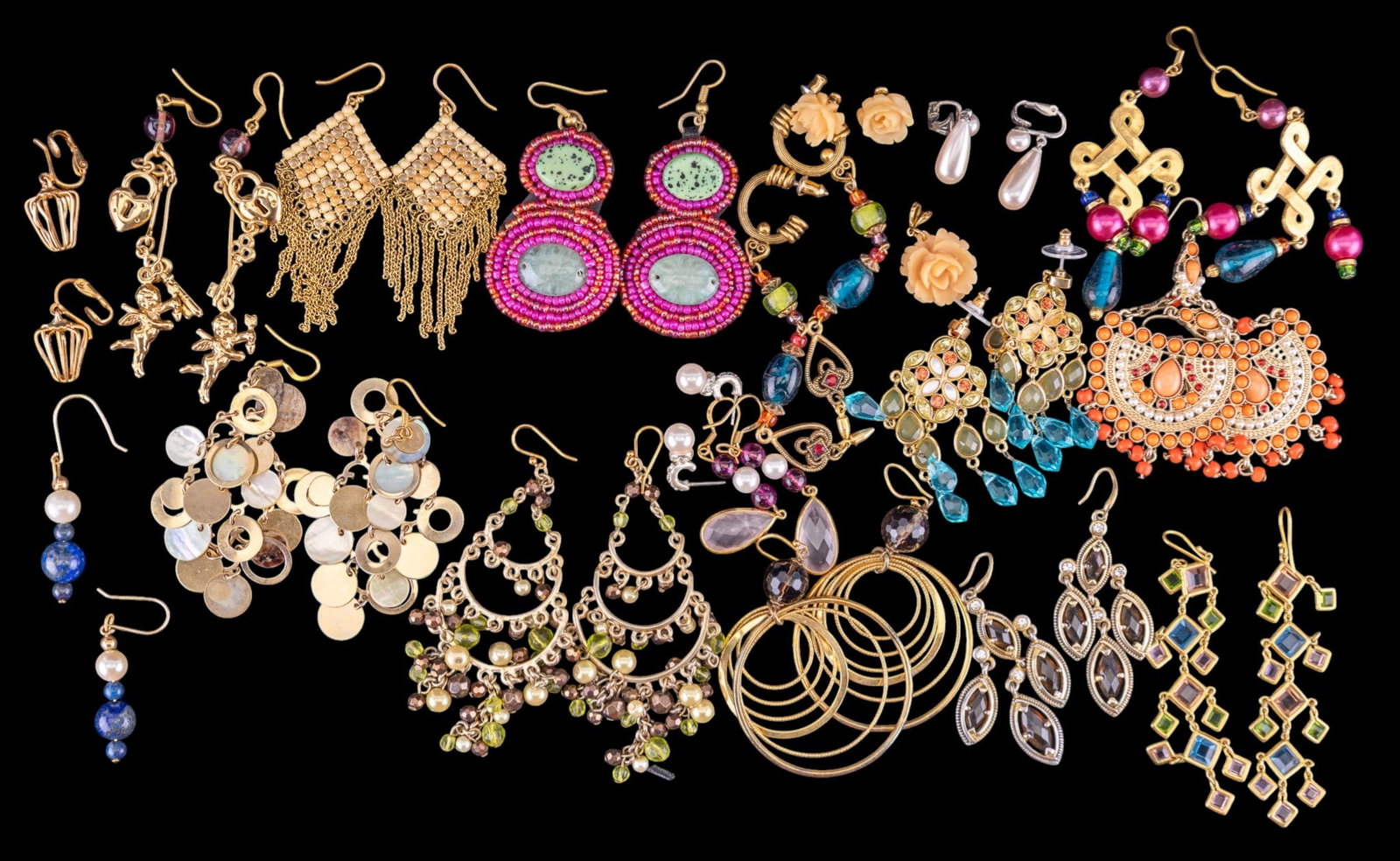 Rhinestone and Other Costume Earrings (20prs): A collection of 20 pairs of costume earrings featuring a faux pearl clip on set by Richelieu, dangle earrings with rhinestones, faux pearls, glass beads, stone beads, and more.