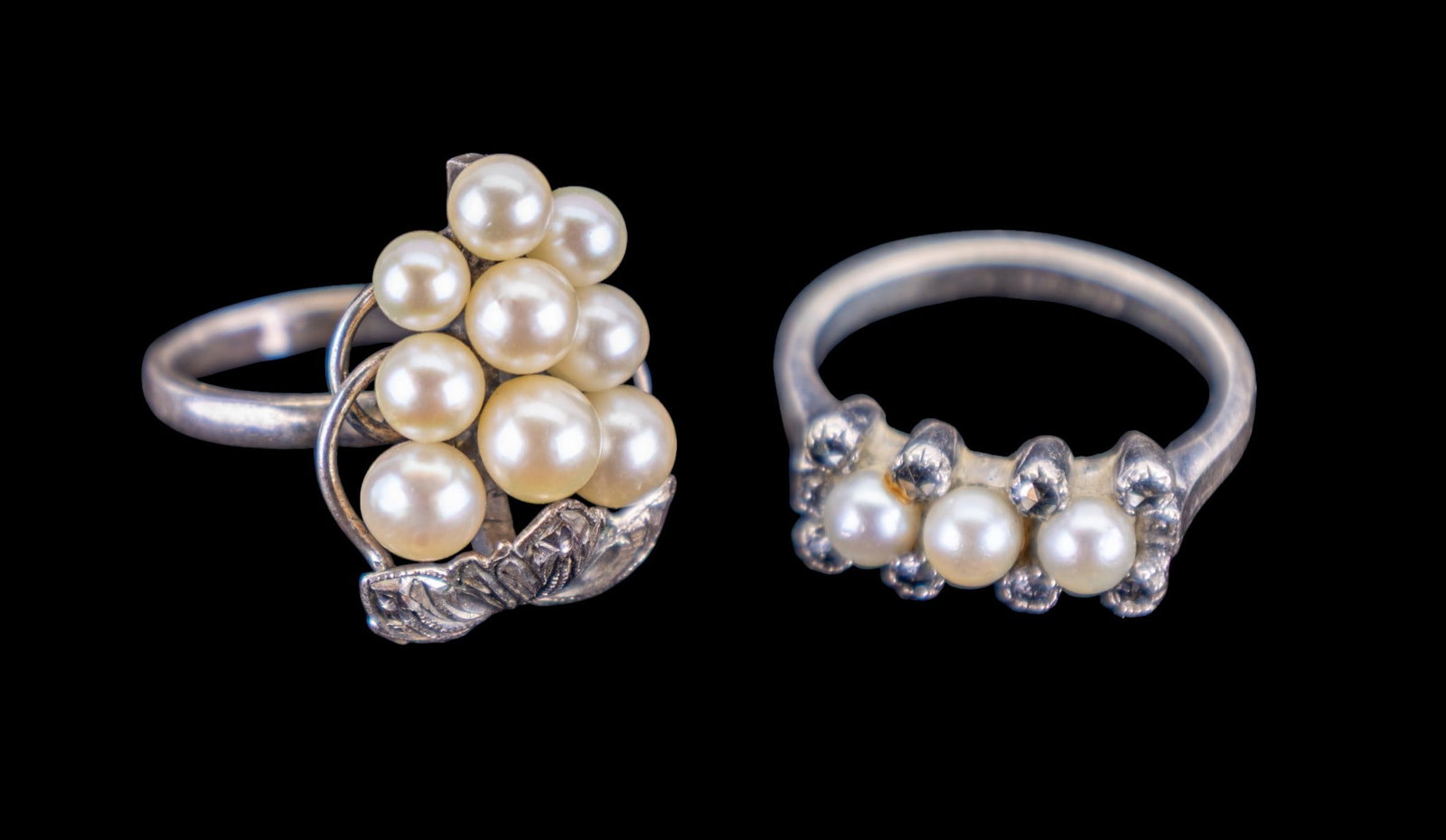 Vintage Sterling Pearl Rings: Includes a pair of vintage sterling silver and white pearl rings, one with marcasite accents.
