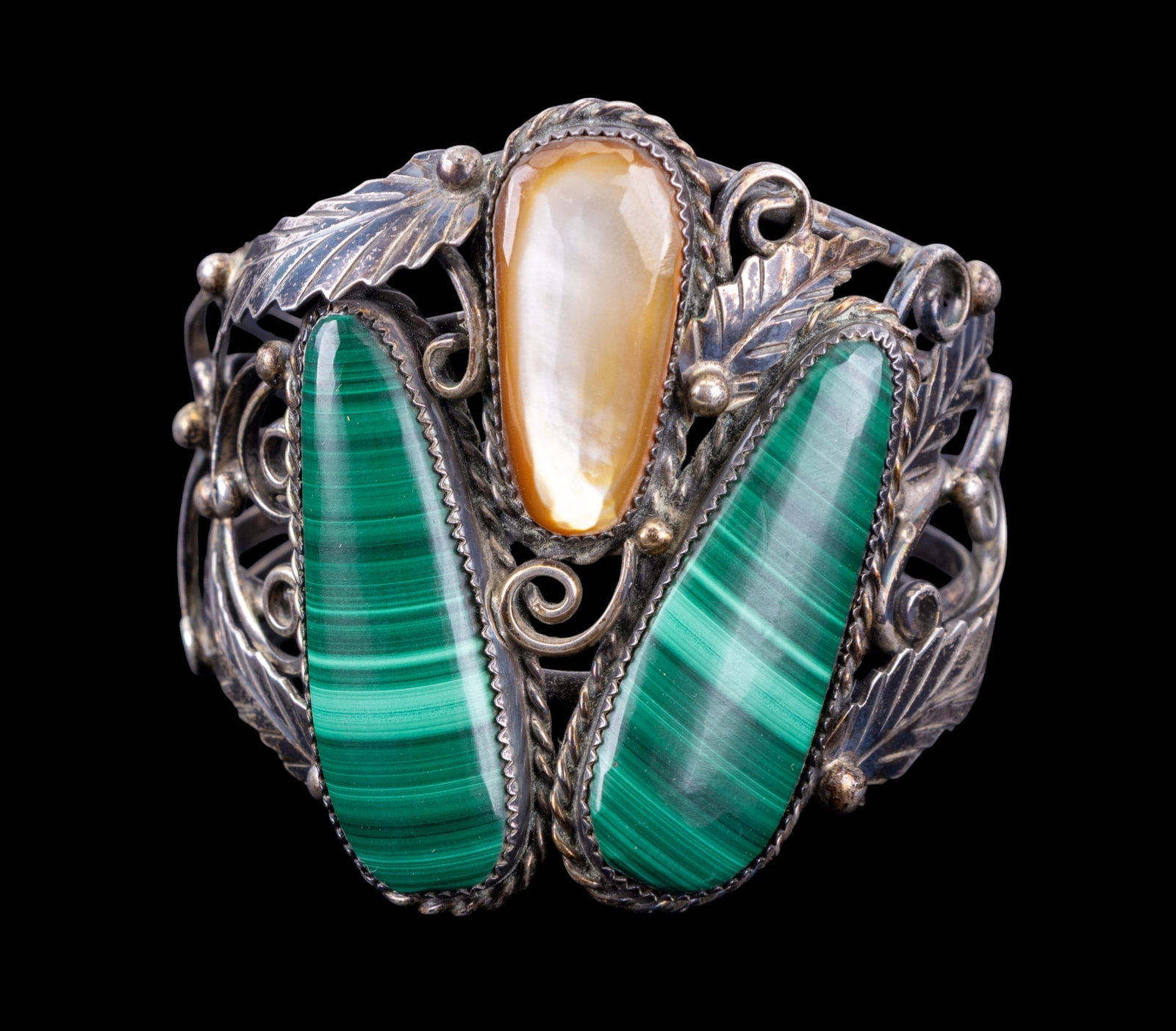 Sterling Silver Navajo Malachite Cuff Bracelet - 2