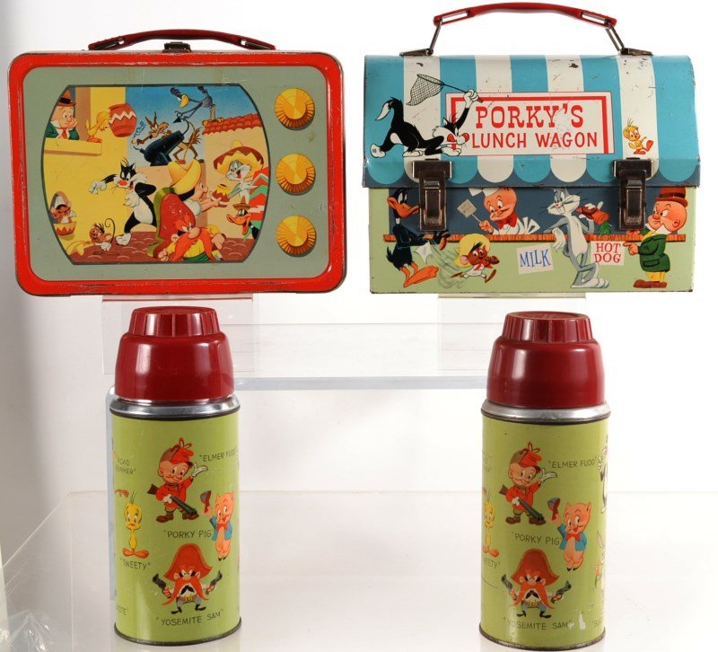 Pair of Warner Brother's Lunch Boxes: Looney Tunes TV, and Porky's Lunch Wagon lunchboxes, each has thermos; made in 1959 by Warner Brothers