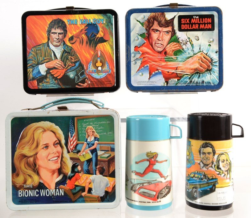 Lunch Box Trio: “Bionic Woman” (Universal City Studios Inc., with thermos) and “Fall Guy” (1981 20thC Fox Film Corpwith thermos) “Six-Million Dollar Man” (1978Universal Studio Inc., does not have thermos)