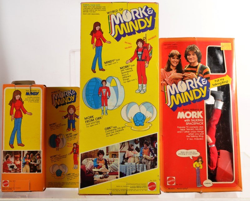 Mork and Mindy Collection: Pam Dawber (Mindy) doll, Robin Williams (Mork) doll with talking backpack (does not work) Mork Talking Rag Doll, and Mork From Ork Eggship (no box)