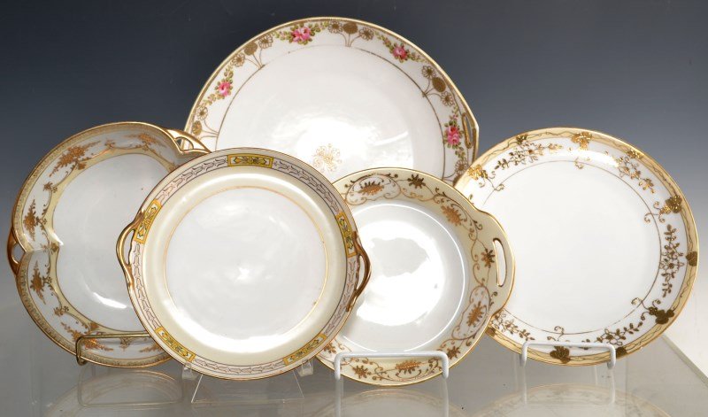 Grouping of Hand Painted and Gilded Nippon Serving piec: Five hand painted and gilded serving pieces all marked Nippon, largest is 11" dia