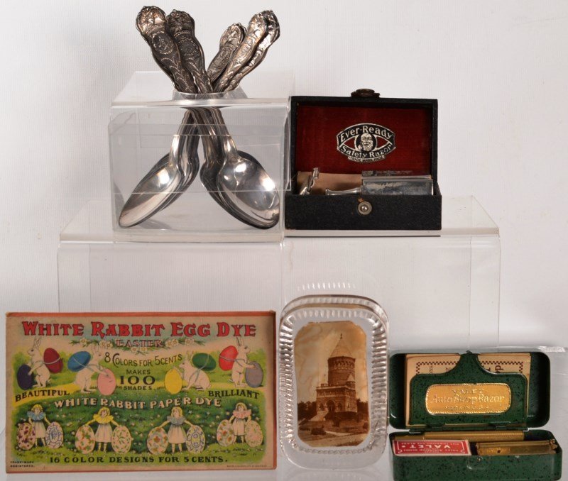 Antique and Decorative Items: Antique and decorative items including two razors, an egg dying kit, paper weight, and twelve silver plated state spoons