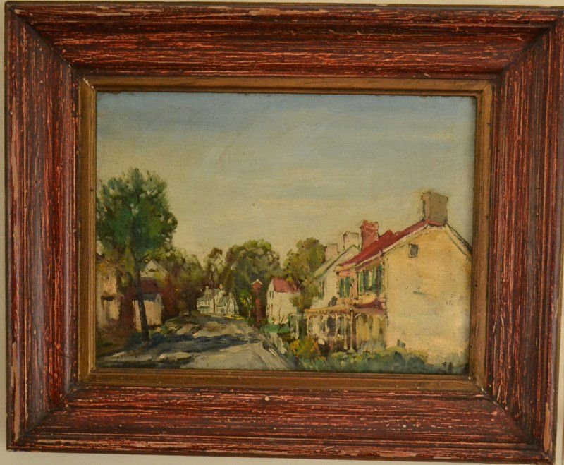 Walter Baum Oil on Board Cityscape: Walter Emerson Baum (December 14, 1884 – July 12, 1956) oil on board, a cityscape, in original painted frame; measures 18.25" x 22.5" OD