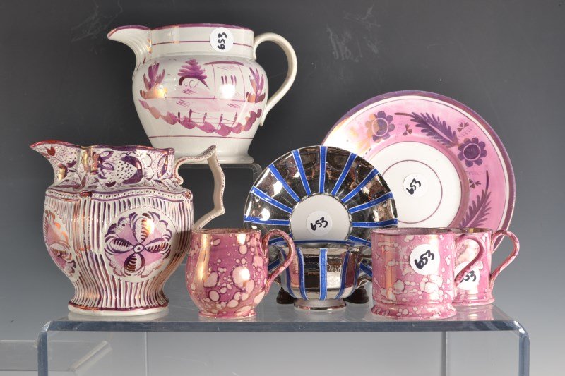 Lustreware Lot: English Pearlware with pink luster and silver luster