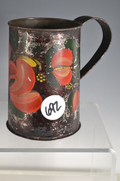 Grouping of Tole Decorated Tinware: Tole decorated tinware includes four document boxes, a teapot, a tray, and an unpainted sifter