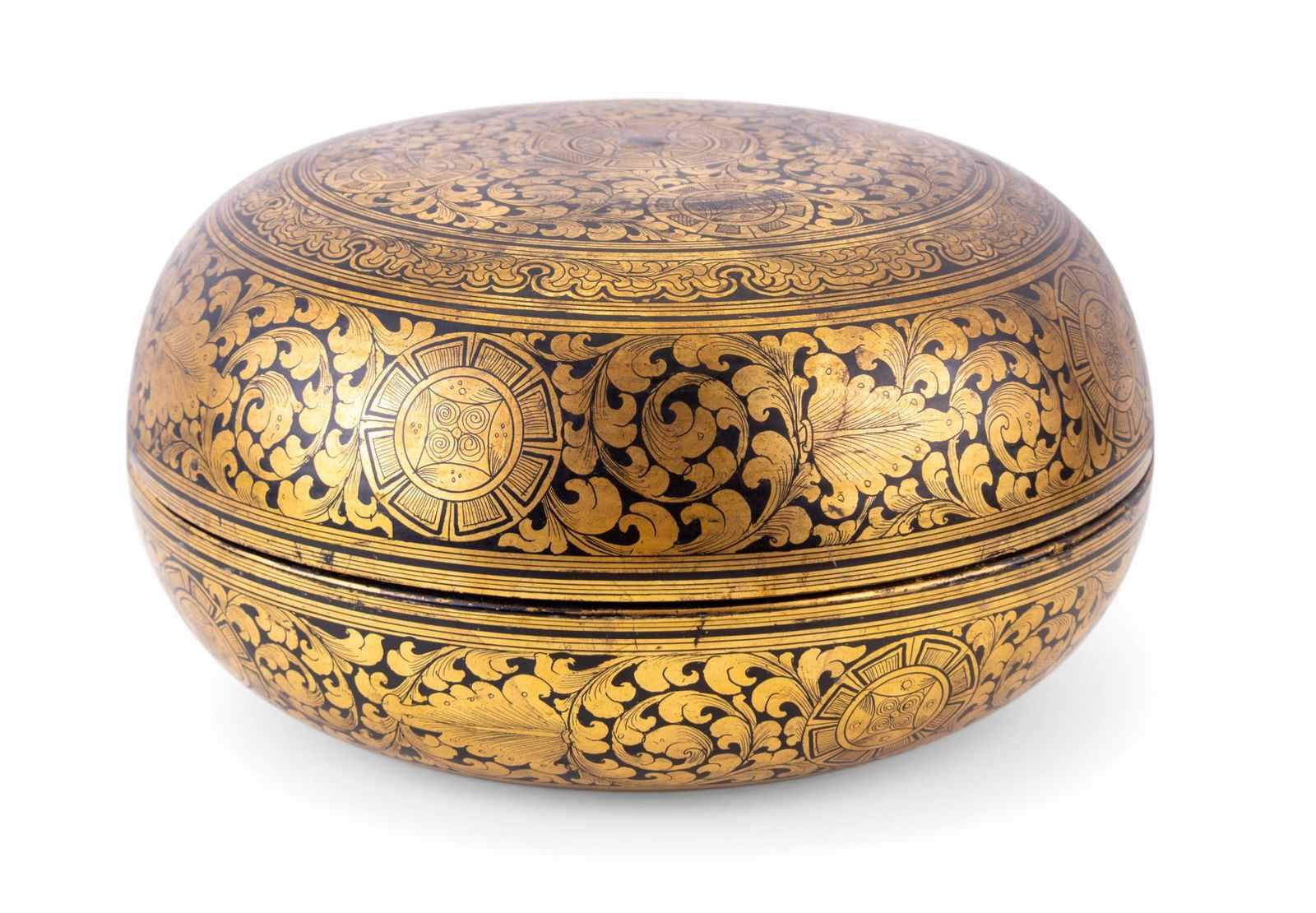 19th C Japanese Lacquer Box w/ Lid: Black and gold hand painted 19th Century Japanese round lacquer box and lid with medallion and leaf decoration. Measures approx. 6.25" H x 11" diam. NEW BUYERS MAY NOT PAY WITH CREDIT OR DEBIT CARD. I