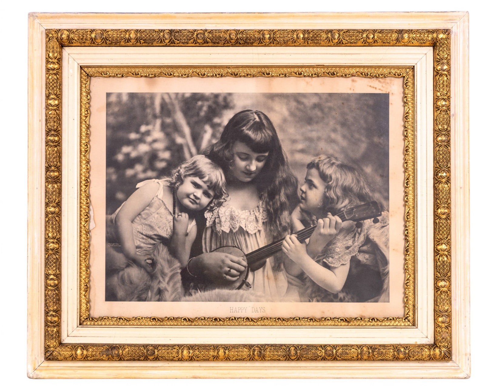 1894 Parkinson Photogravure "Happy Days": Late 19th Century photo realistic photogravure/lithographic print titled "Happy Days". Depicts three young girls, or a mother and 2 daughters, gathered while one plays a stringed instrument. Printed t