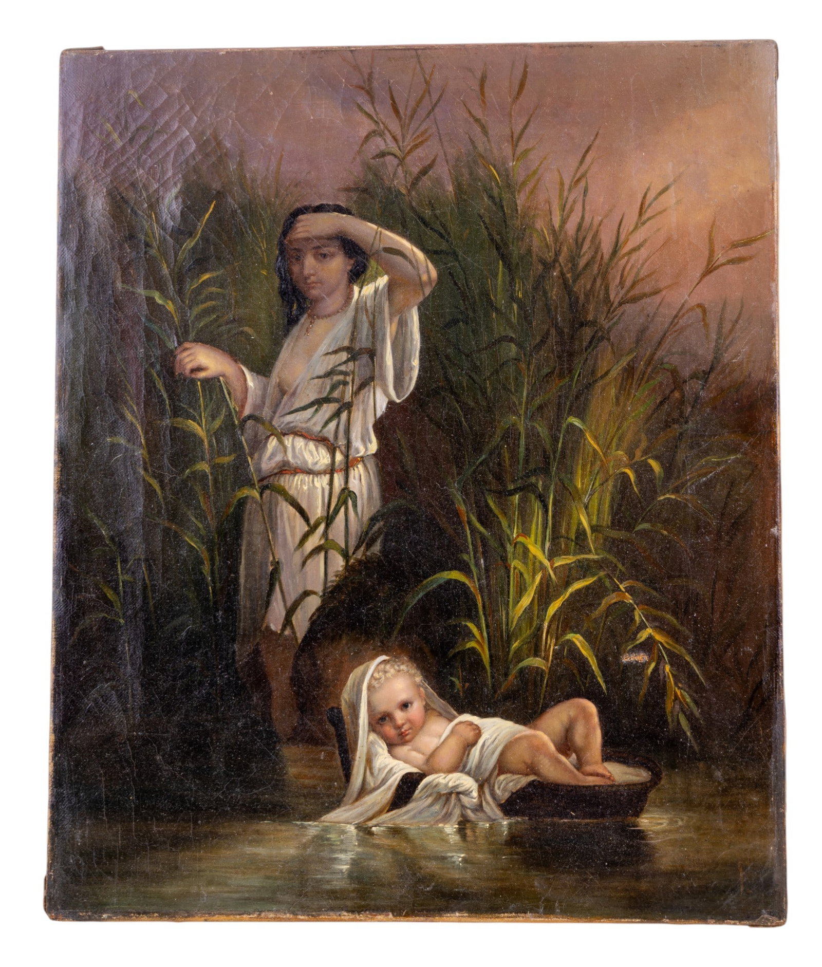 19th C O/C Moses Among the Reeds: 19th Century / antique religious oil painting depicting Pharaoh's daughter standing in tall reeds beside a body of water while an infant Moses rests in a shallow papyrus basket at the water's edge. Un