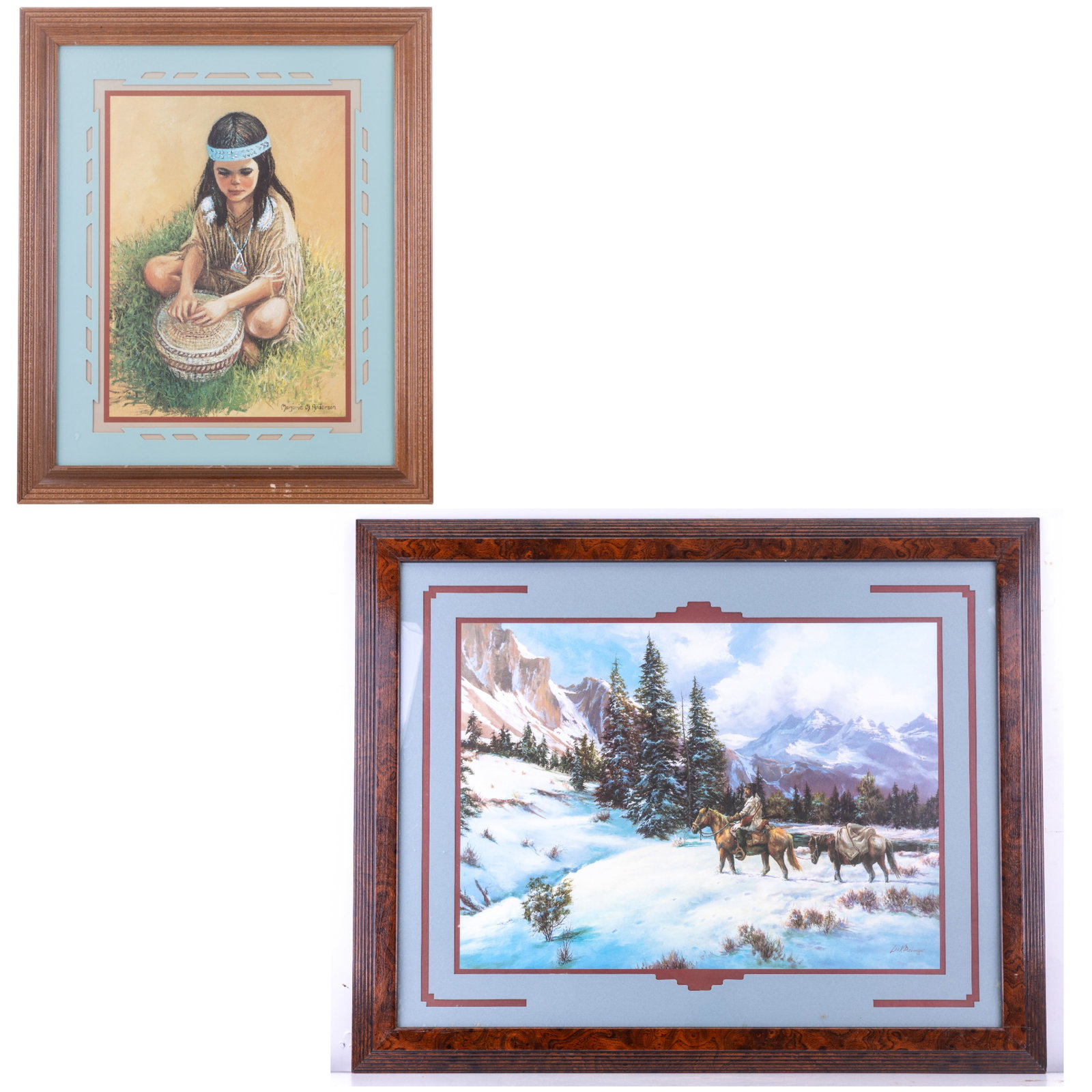 Western Landscape & Native Am. Portrait: Group of framed decorative prints, including a winter mountain landscape with rider and pack horse, signed in print Lee K. Parkinson. Also included is a print with a Native American child weaving a ba