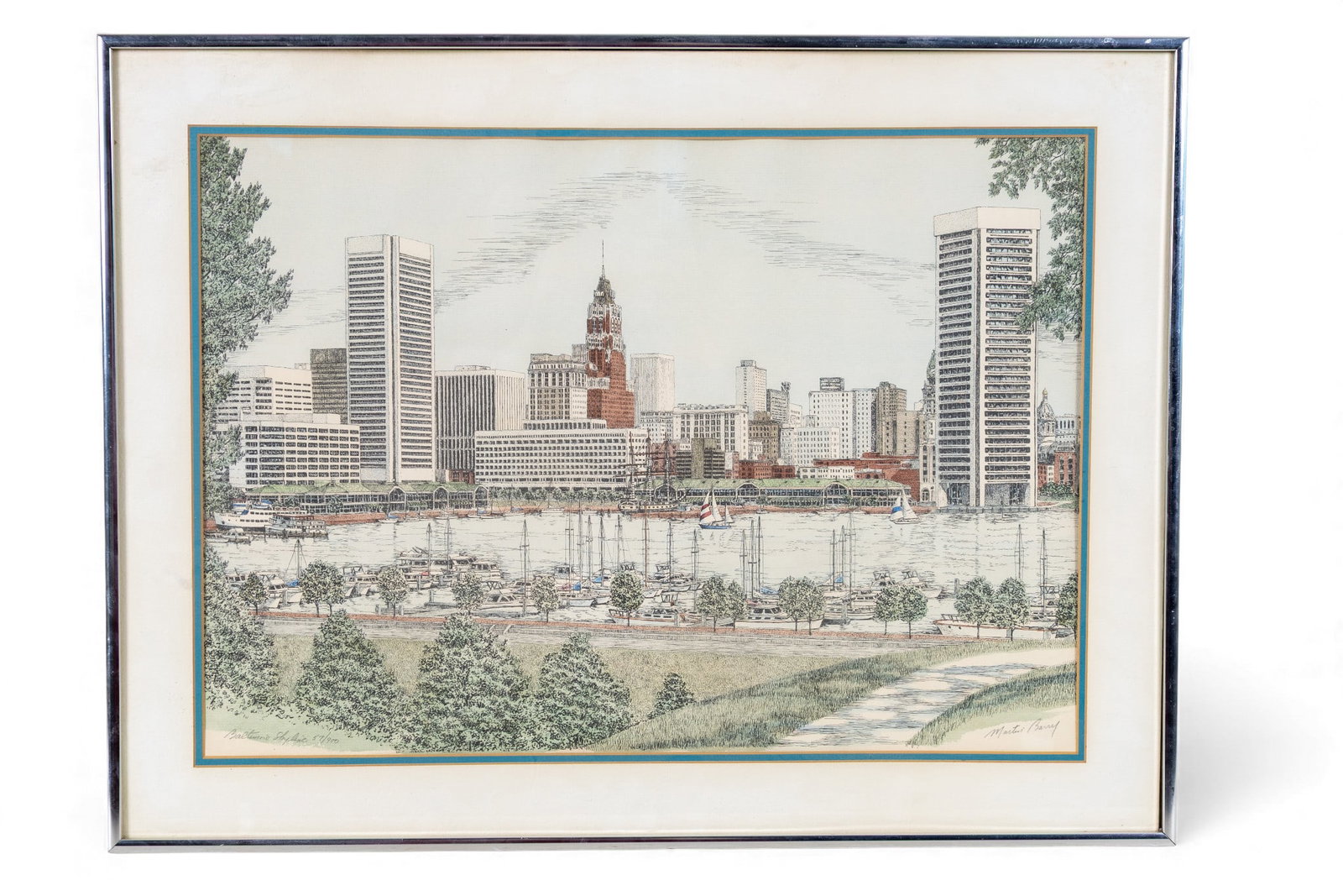 Signed Martin Berry Skyline Lithograph Baltimore: Framed lithograph of Baltimore's Inner Harbor skyline by artist Martin Berry, signed in pencil lower right. Measures approx. 18.5" x 24.5" OD.