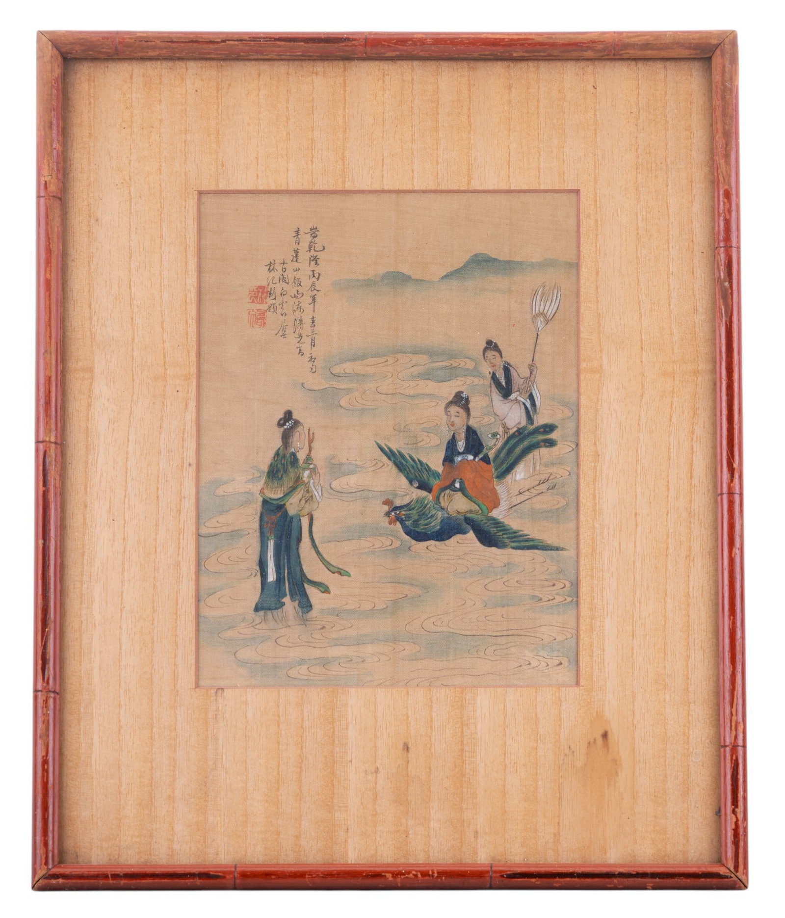 Signed Antique Chinese Painting on Silk: Antique Chinese painting on silk depicting three women, one riding on the back of a peacock. Measures approx. 12.75" W x 16.75" H.