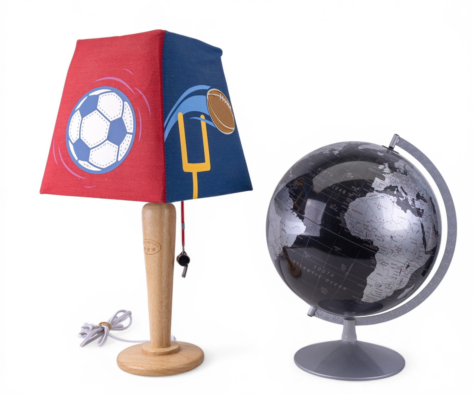 Table Lamp, Poster, Cal Ripken Jr. Poster: Group of three contemporary decorative items including a modern desktop globe with black and silver-toned cartography on a pedestal base, a small sports-themed table lamp with wood base and sports mot