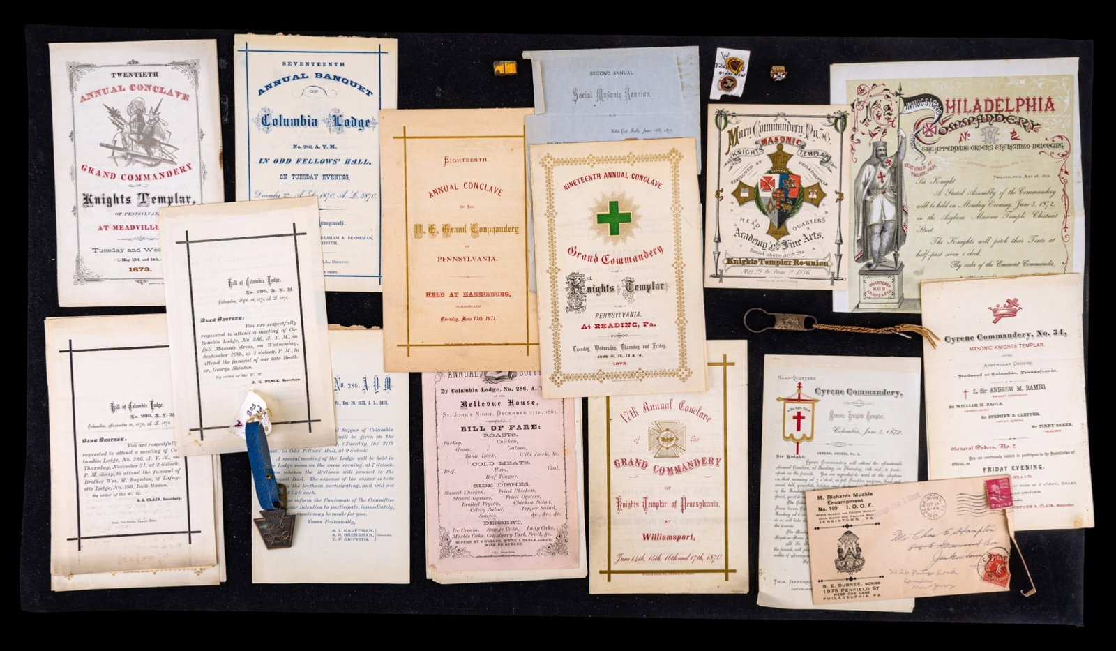 19th C Masonic Knights Templar Ephemera: Group of 19th century Masonic ephemera relating to the Knights Templar, including engraved and lithographed documents, invitations, and programs.