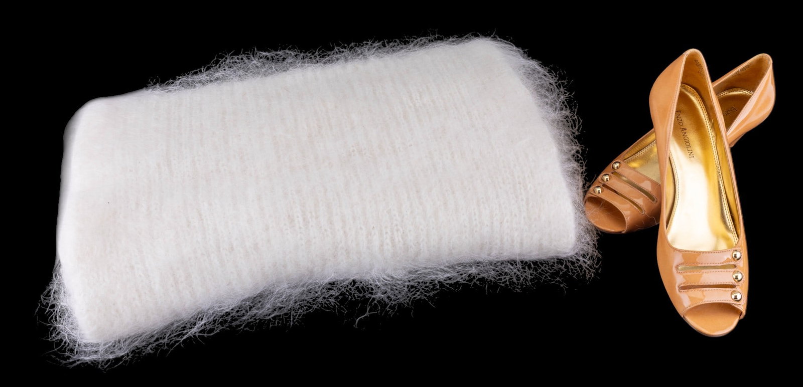 Enzo Angiolini Shoes + White Angora Scarf: A pair of tan patent leather peep toe low wedge heeled shoes by Enzo Angiolini, size 8.5 U.S., and a cream colored angora knit wide scarf, measures approx. 18" W x 76" L, flat.