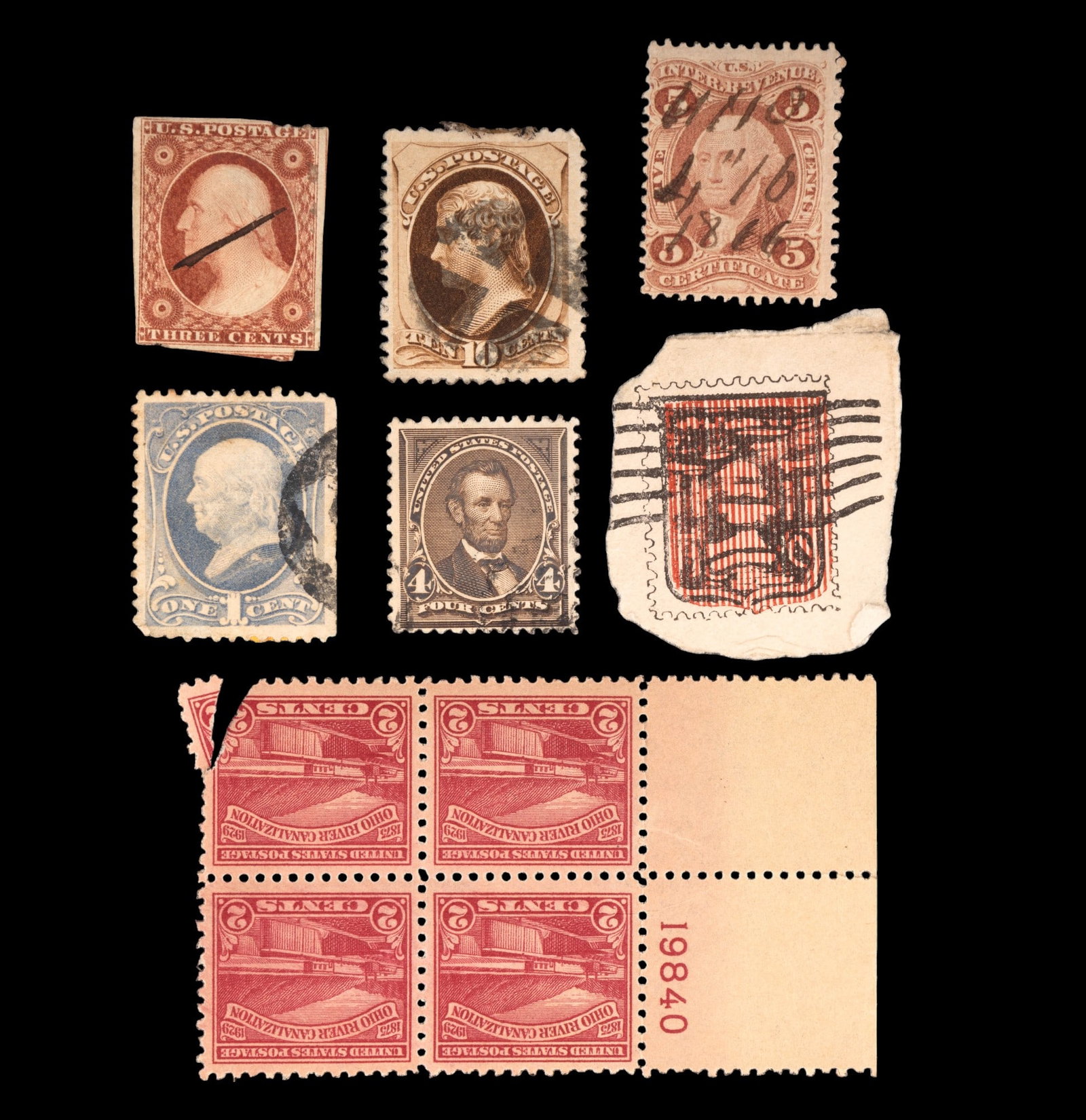 Antique Stamps of Founding Presidents: George Washington five cent revenue stamp, Lincoln four cent, Washington three cent, Jefferson ten cent, and Franklin one cent. Postage stamps. NEW BUYERS MAY NOT PAY WITH CREDIT OR DEBIT CARD. If thi