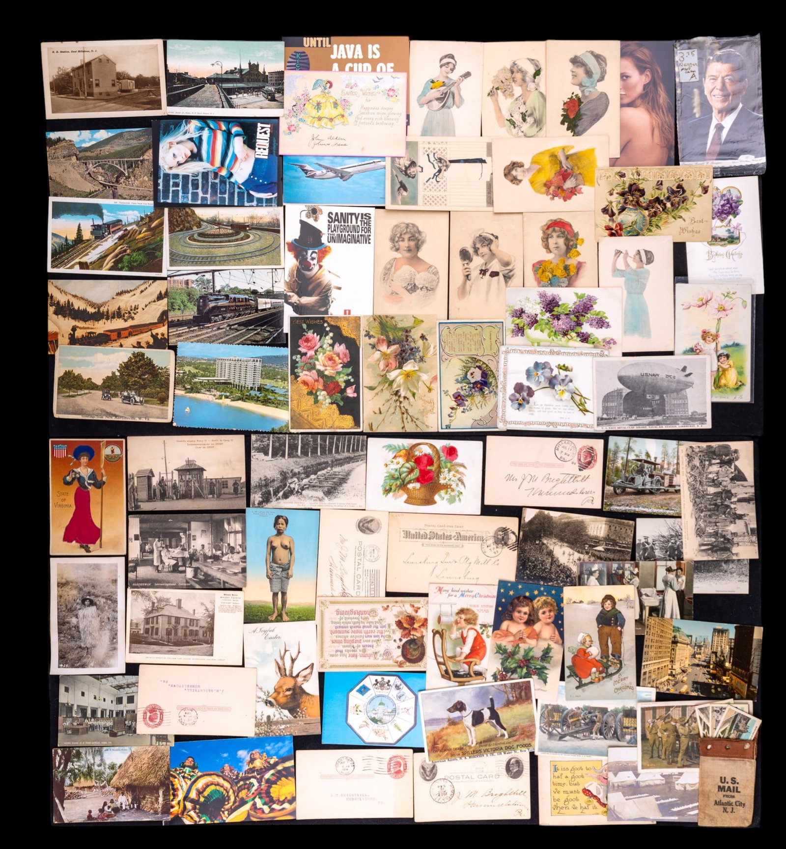 Antique and Other Post Cards: A collection of approx. 70 antique travel souvenir, WW1 Military and international, Art Deco embossed, and other post cards. Some have cancelled postage and correspondence.